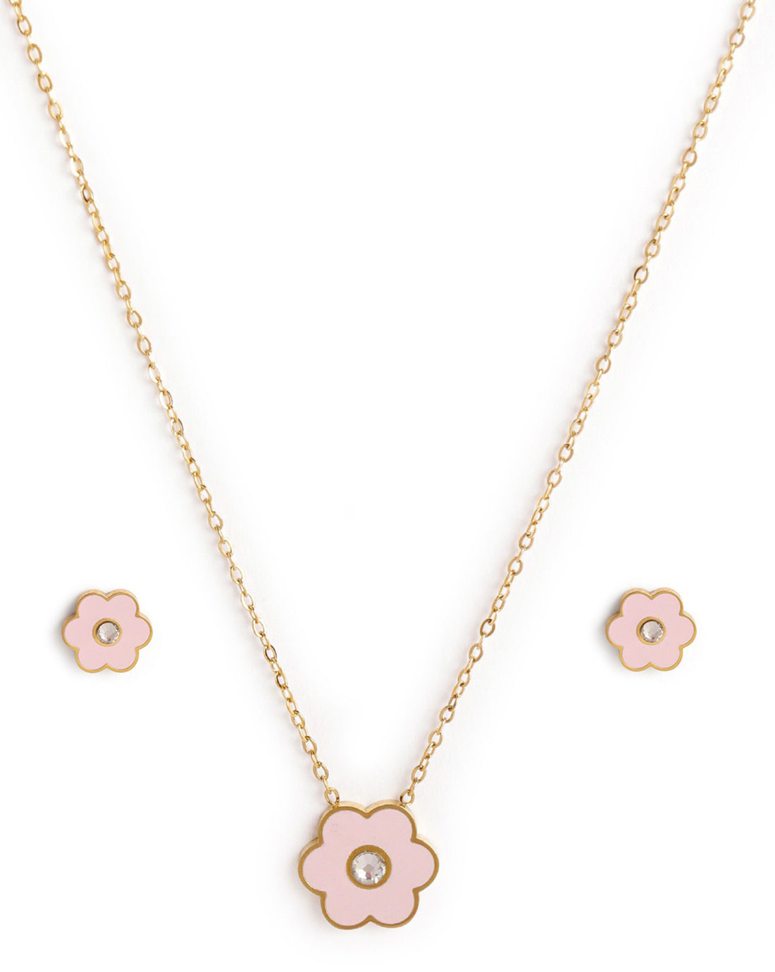 Girls 18kt Gold Plated Enamel CZ Floral Necklace and Earring Set