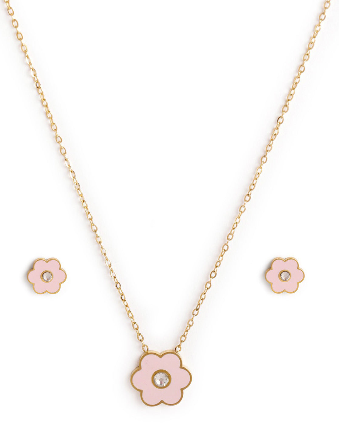 Girls 18kt Gold Plated Enamel CZ Floral Necklace and Earring Set