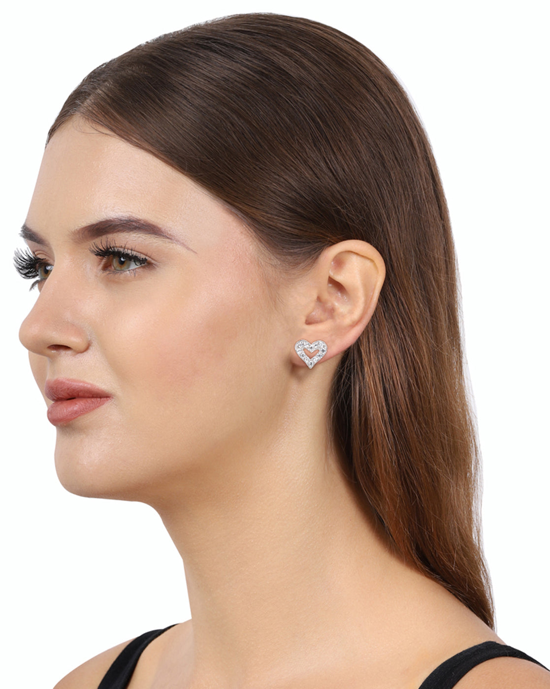 Carlton London 925 Sterling Rhodium Plated Cz Heart Stud Earring For Women