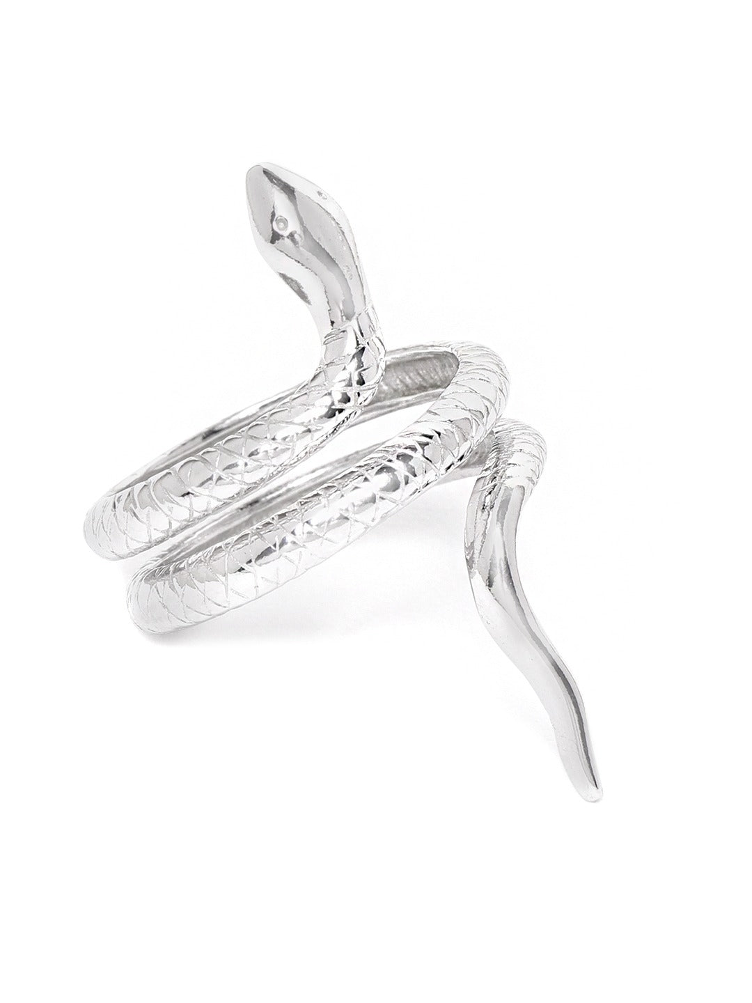 Carlton London Rhodium Plated Silver Toned Snake Shape Adjustable Finger Ring For Women