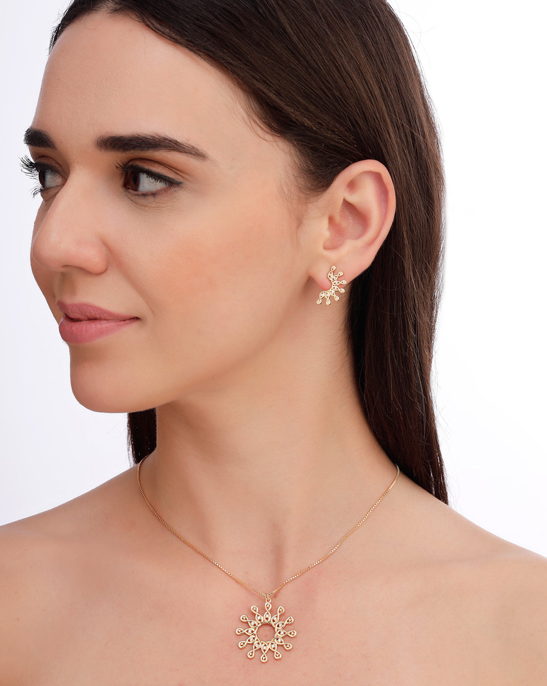 18kt Gold Plated CZ Sunburst Necklace and Earring Set