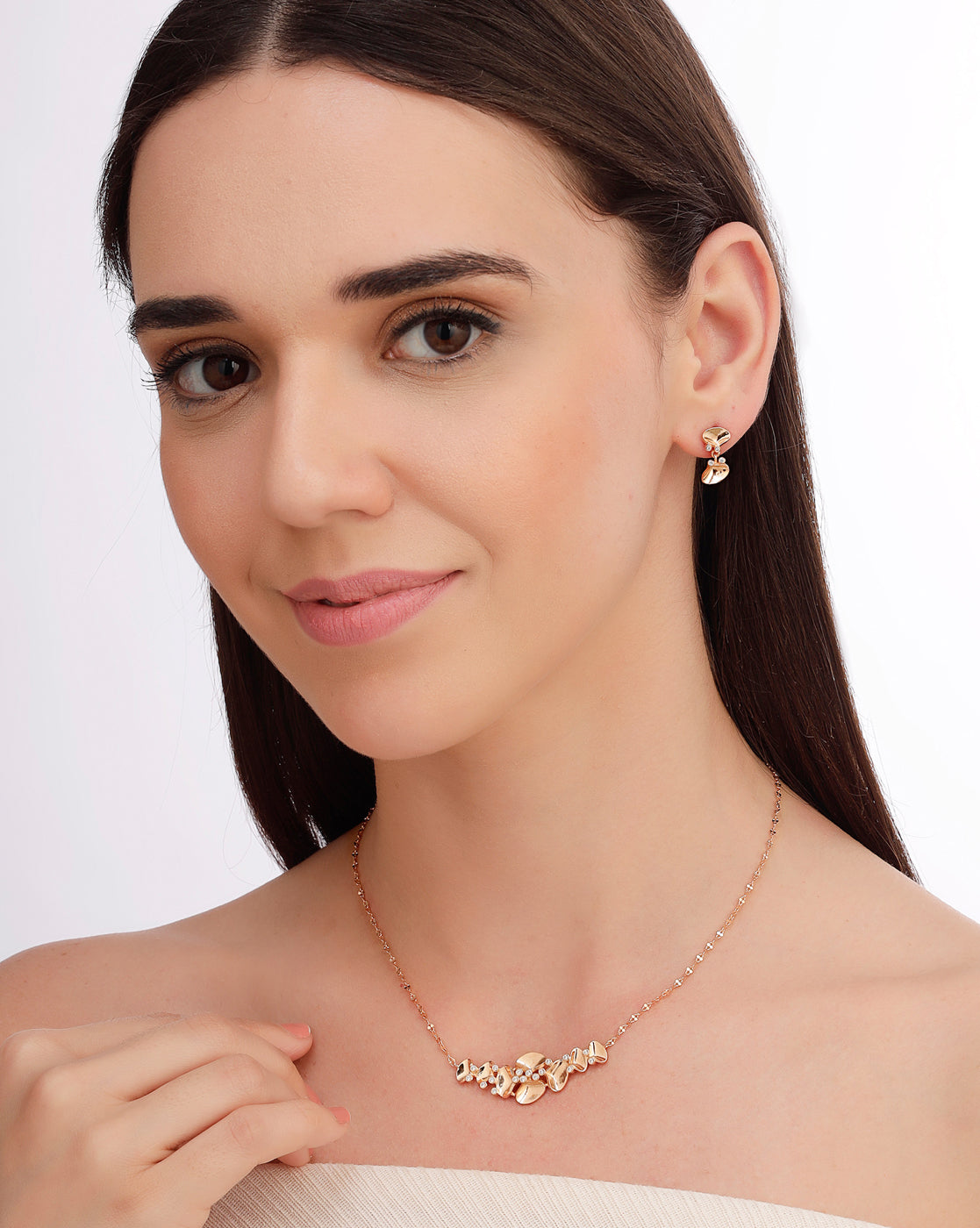 18kt Rose Gold Plated CZ Contemporary Necklace and Earring Set