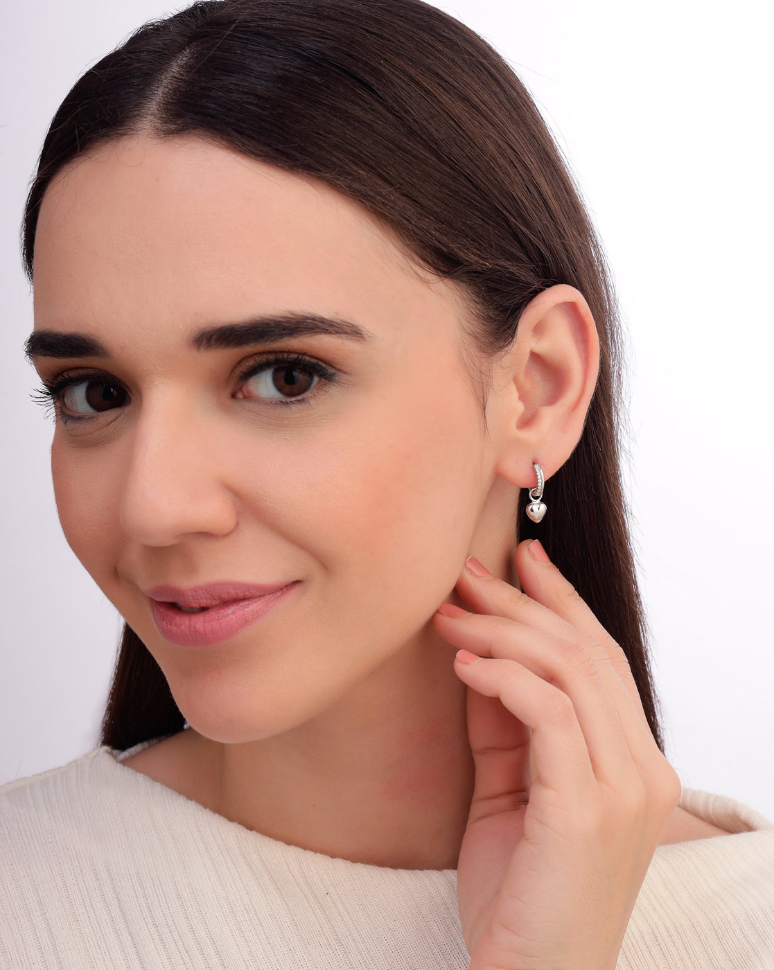 925 Sterling Silver Rhodium Plated CZ Dangling Heart Hoop Earring