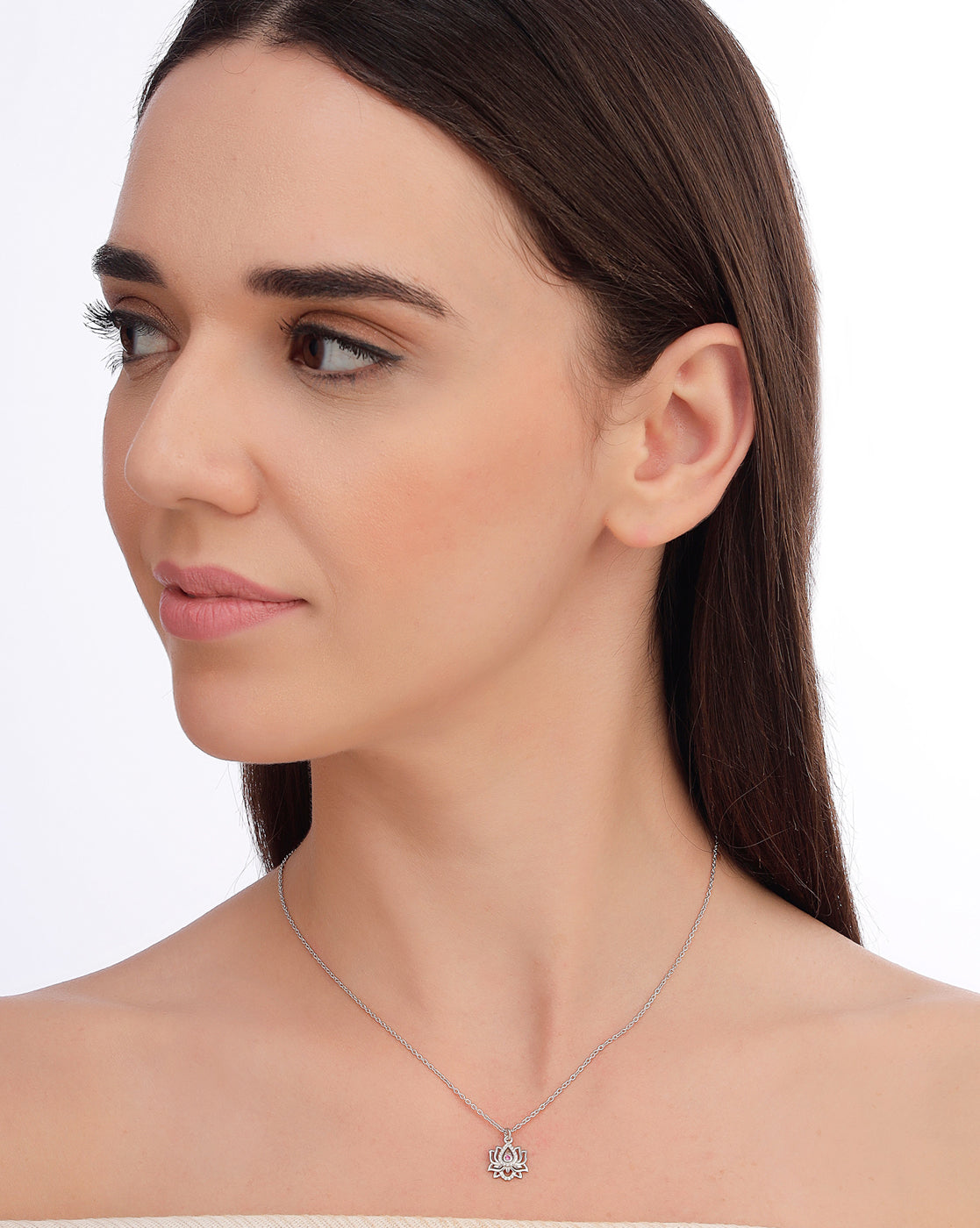 925 Sterling Silver Rhodium Plated Red CZ Lotus Pendant and Chain