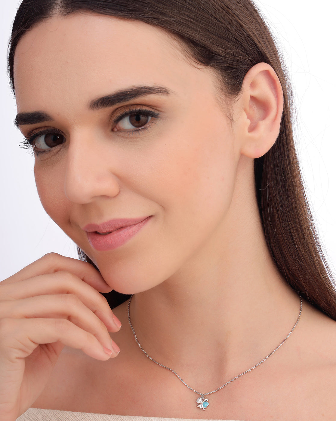 925 Sterling Silver Rhodium Plated CZ Enamel Clover Pendant and Chain