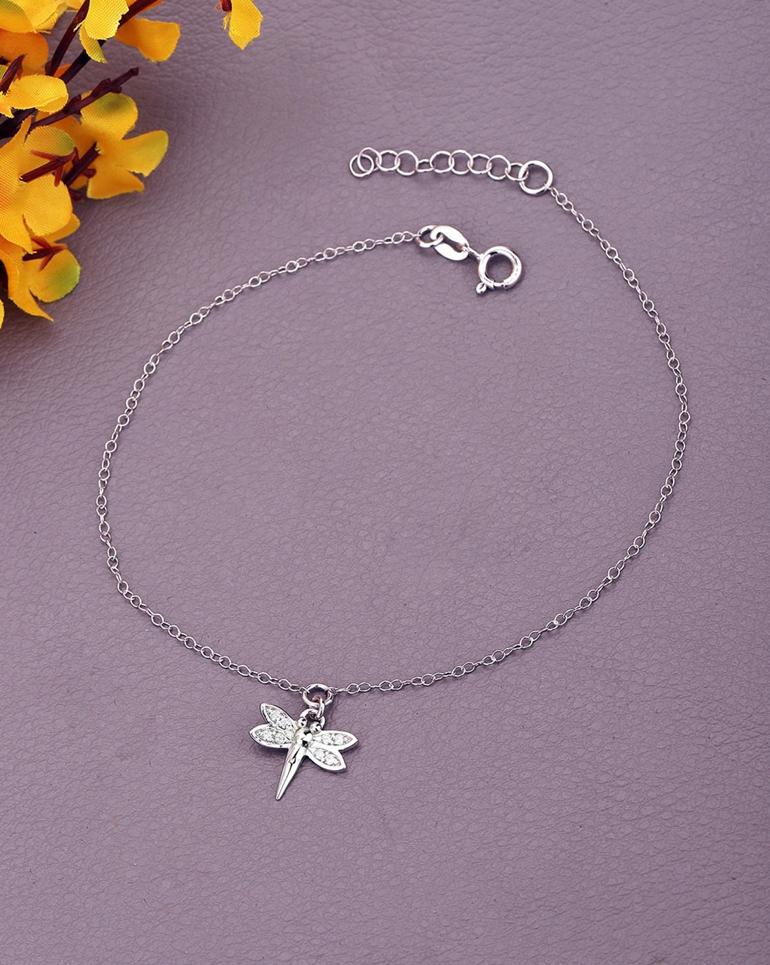 925 Sterling Silver Rhodium Plated Dragonfly Charm Anklet