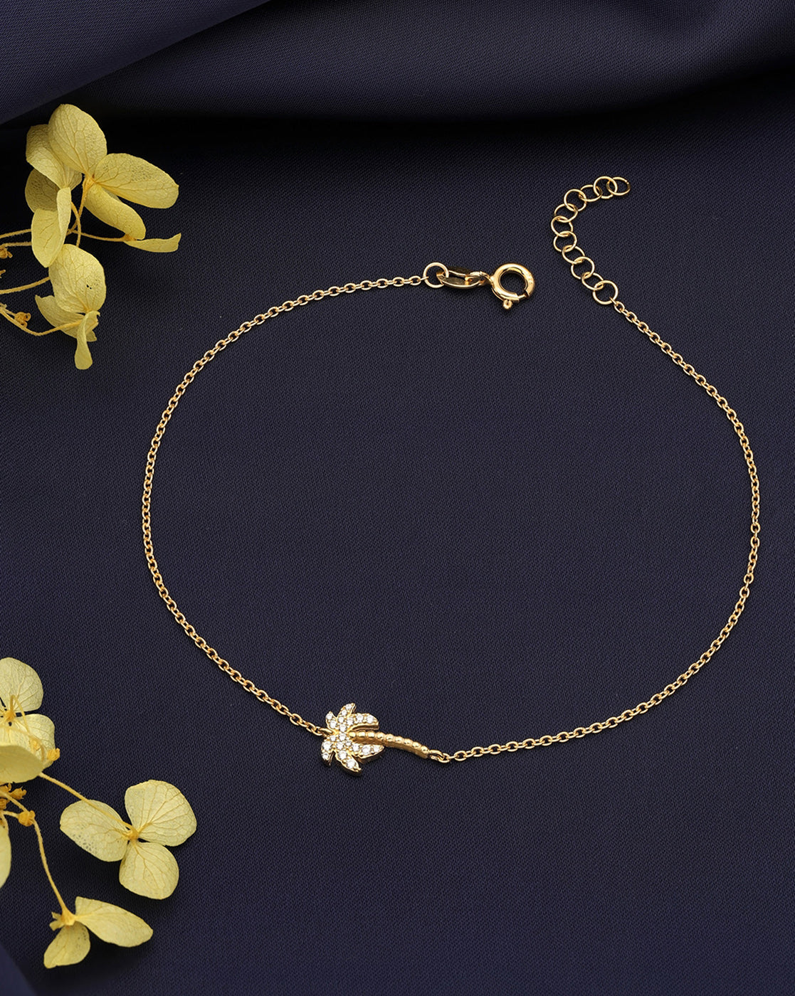 925 Sterling Silver 18KT Gold-Plated CZ Palm Tree Anklet
