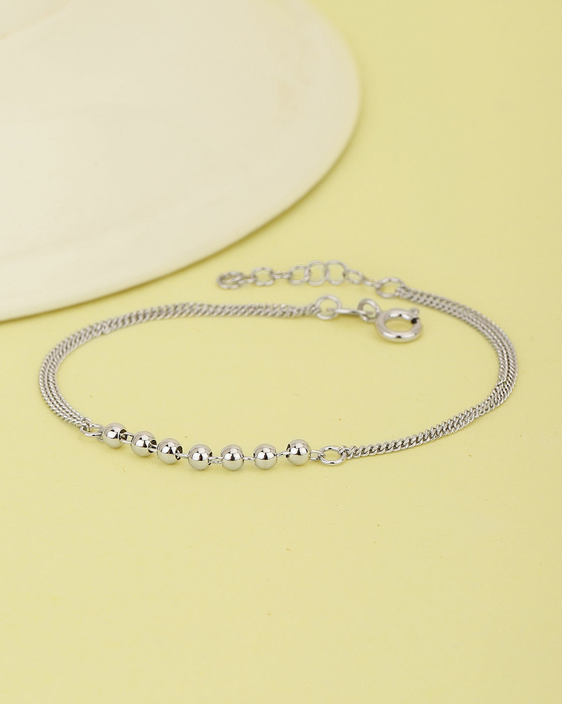 925 Sterling Silver Rhodium Plated With Inline Ball Double Chain Adjustable Bracelet