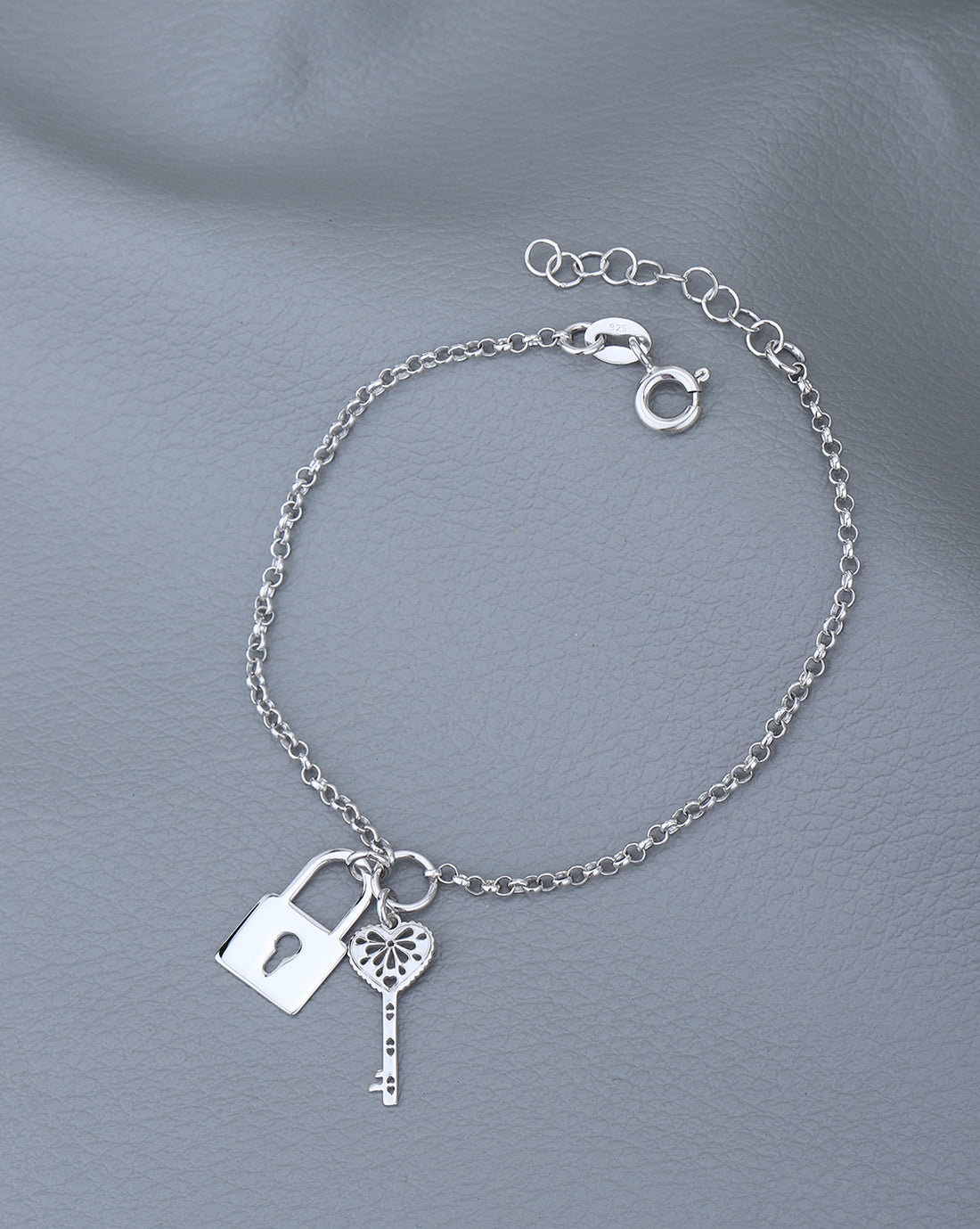 925 Sterling Silver Rhodium Plated with Key and Lock Charm Bracelet for women
