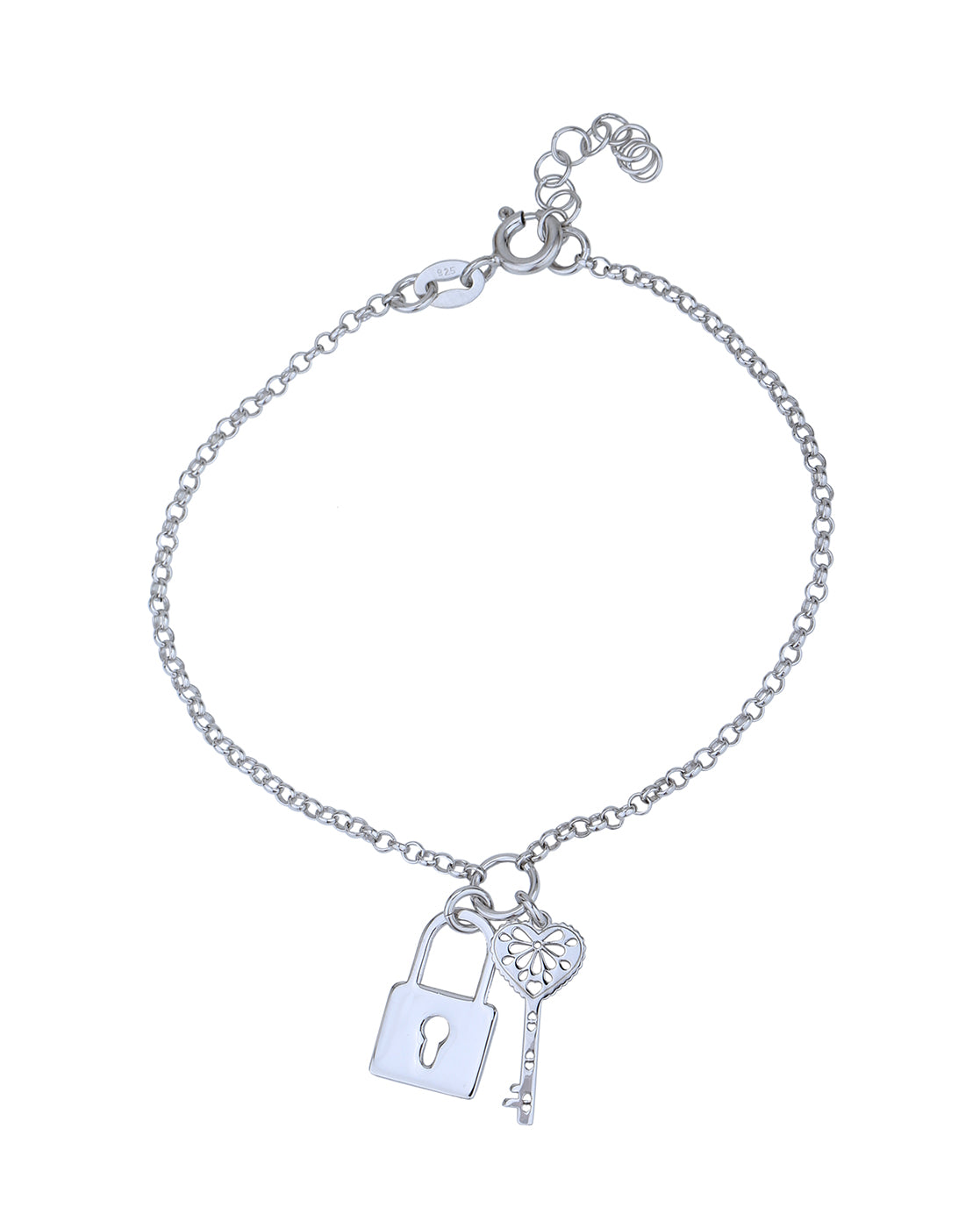 925 Sterling Silver Rhodium Plated with Key and Lock Charm Bracelet for women