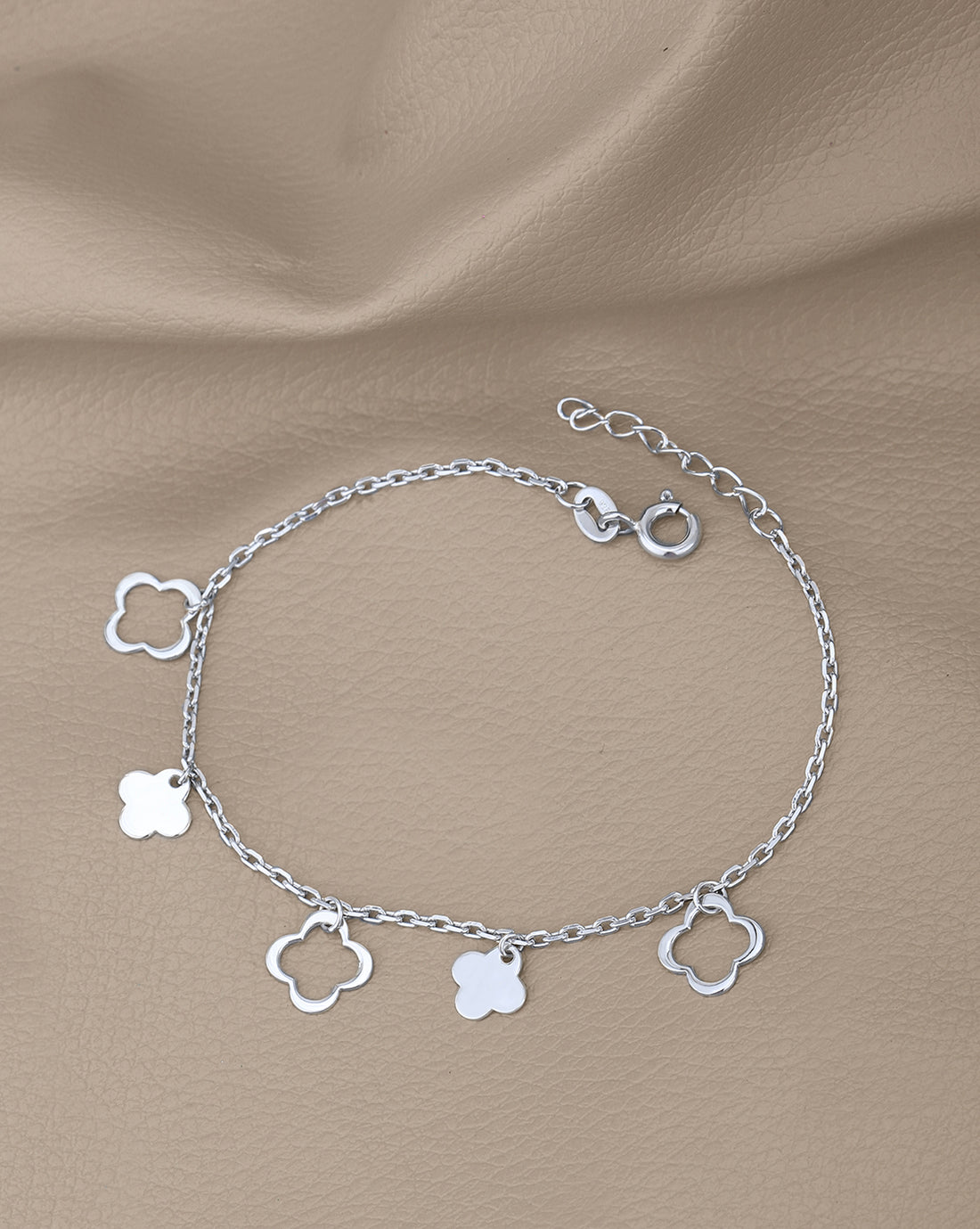 925 Sterling Silver Rhodium Plated with Four Leaf Clover Charm Bracelet for women