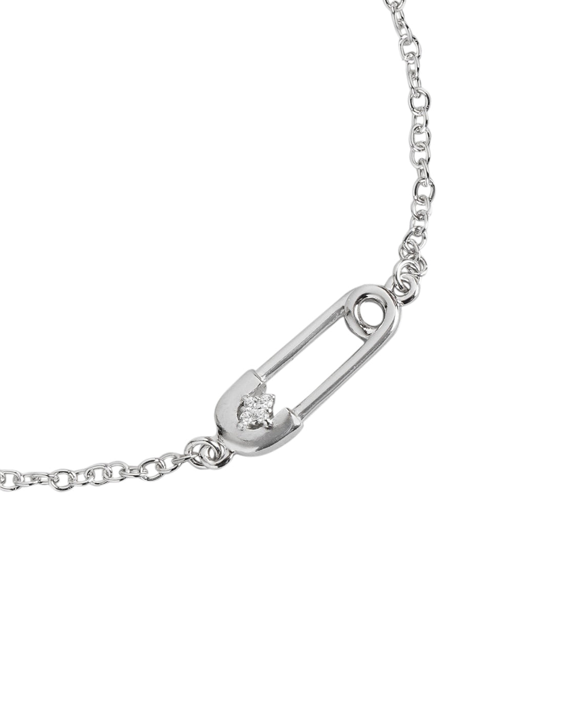 925 Sterling Silver Rhodium Plated with CZ Safety Pin Charm Bracelet