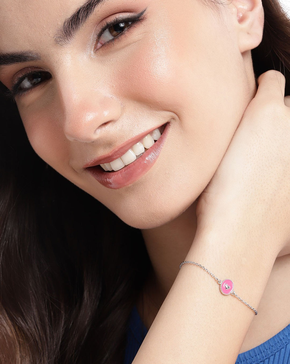 925 Sterling Silver Rhodium Plated Heart Enamel Charm Bracelet