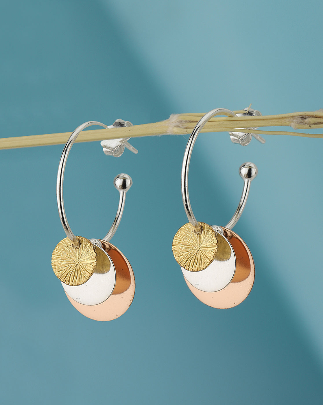 925 Sterling Silver Rhodium Plated With Gold & Rose Gold Emballished Fancy Hoop Earring