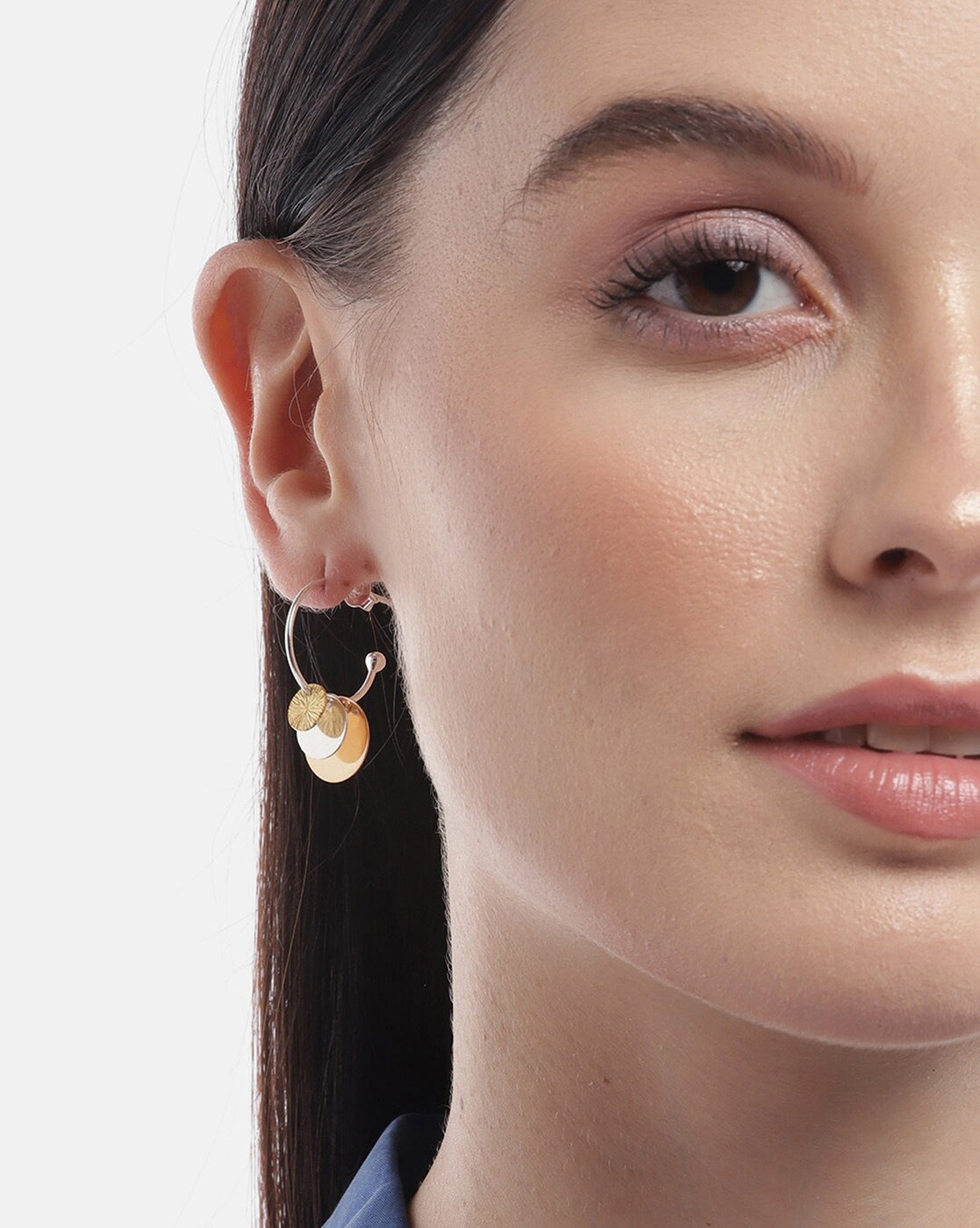 925 Sterling Silver Rhodium Plated With Gold & Rose Gold Emballished Fancy Hoop Earring