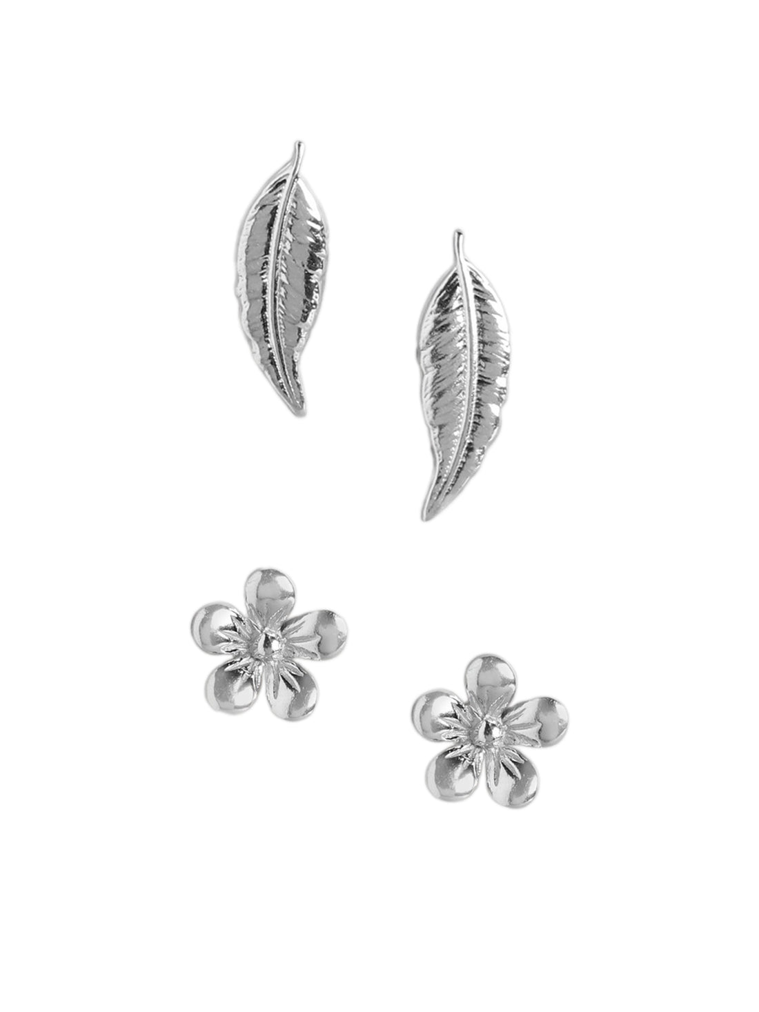 925 Sterling Silver Set of 2 Rhodium-Plated Floral Stud Earring