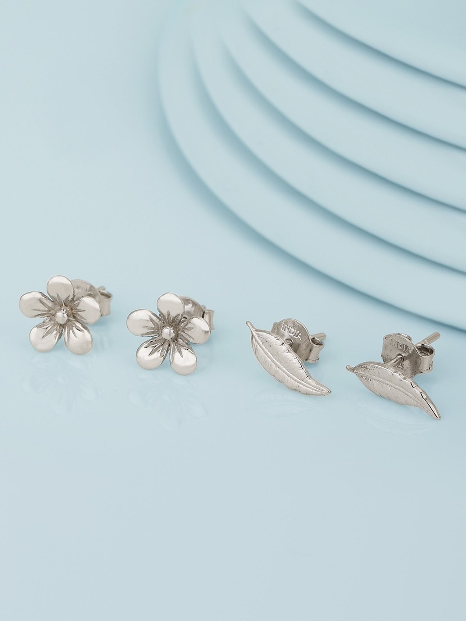 925 Sterling Silver Set of 2 Rhodium-Plated Floral Stud Earring