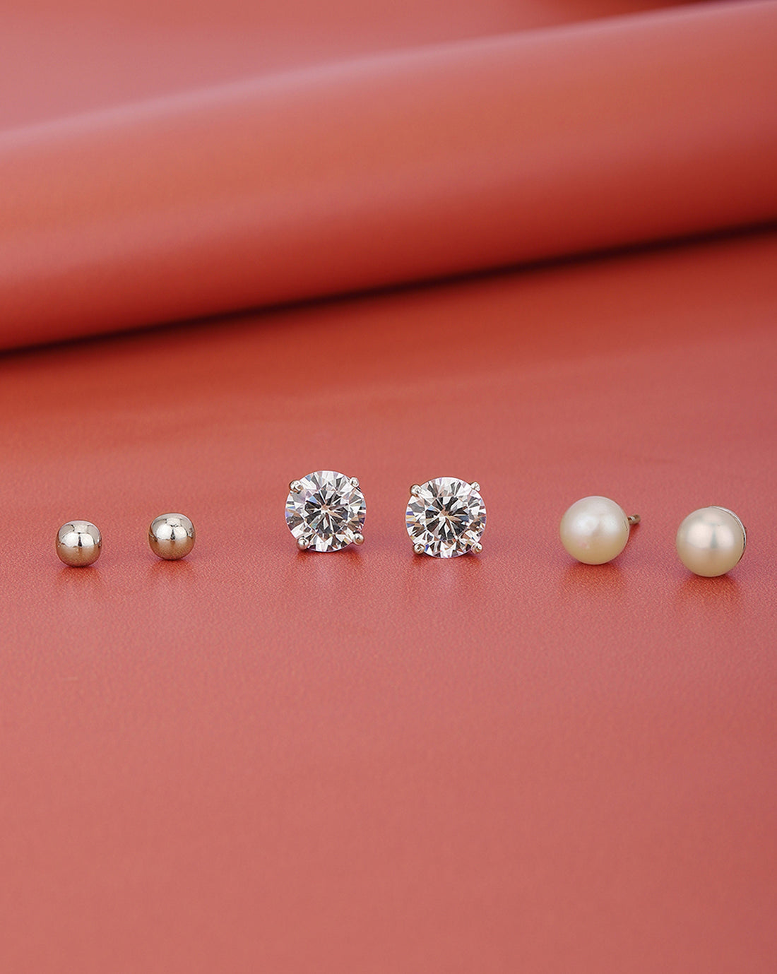 925 Sterling Silver Set Of 3 Rhodium Plated With Zirconia-Pearl Stud Earring