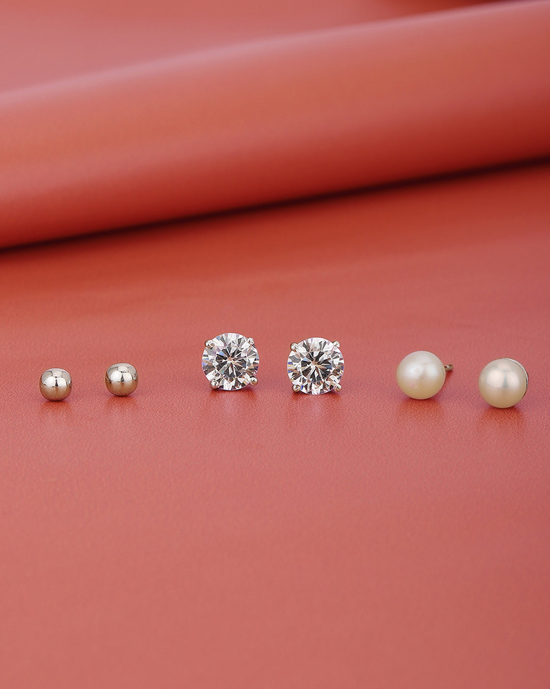 925 Sterling Silver Set Of 3 Rhodium Plated With Zirconia-Pearl Stud Earring