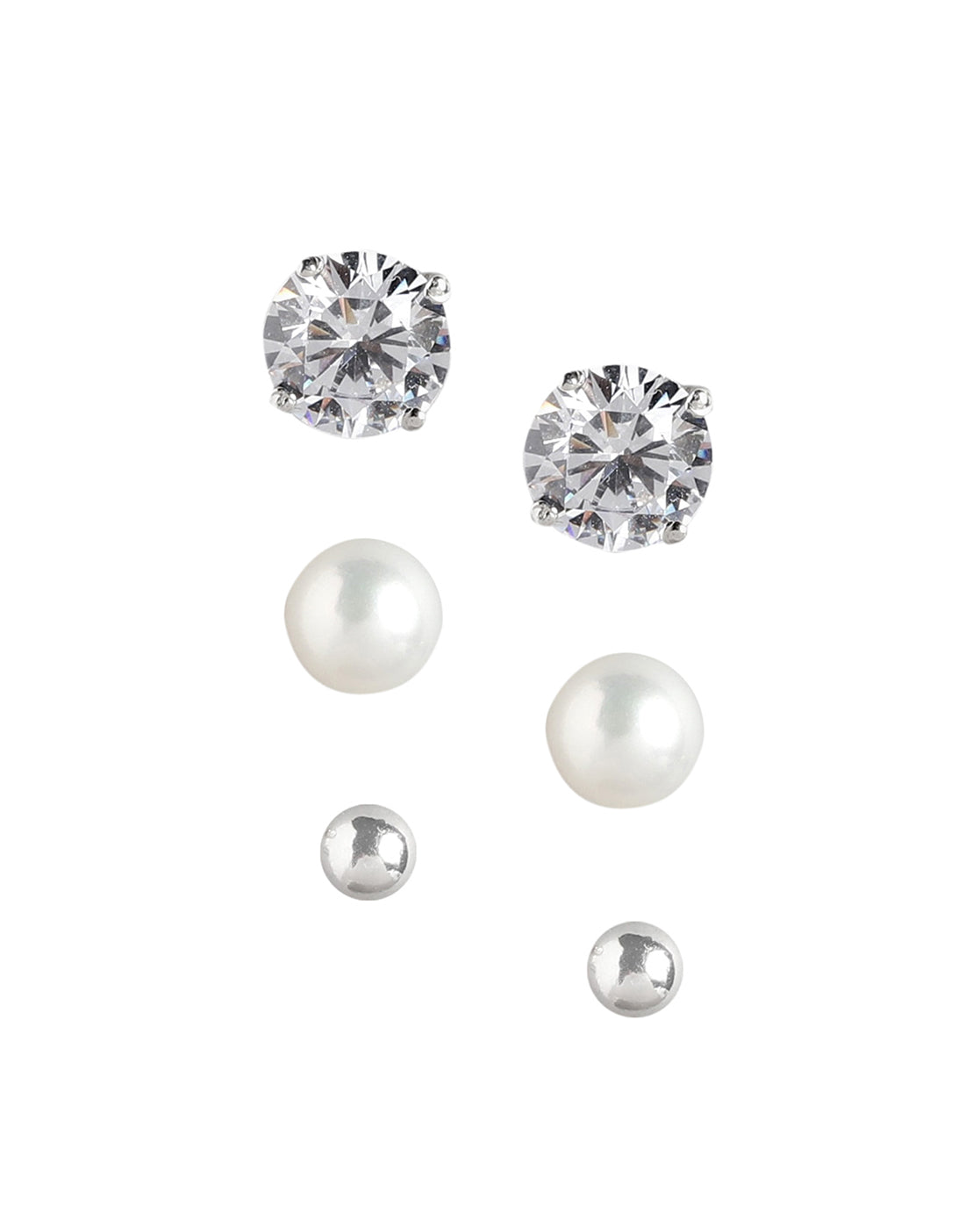 925 Sterling Silver Set Of 3 Rhodium Plated With Zirconia-Pearl Stud Earring