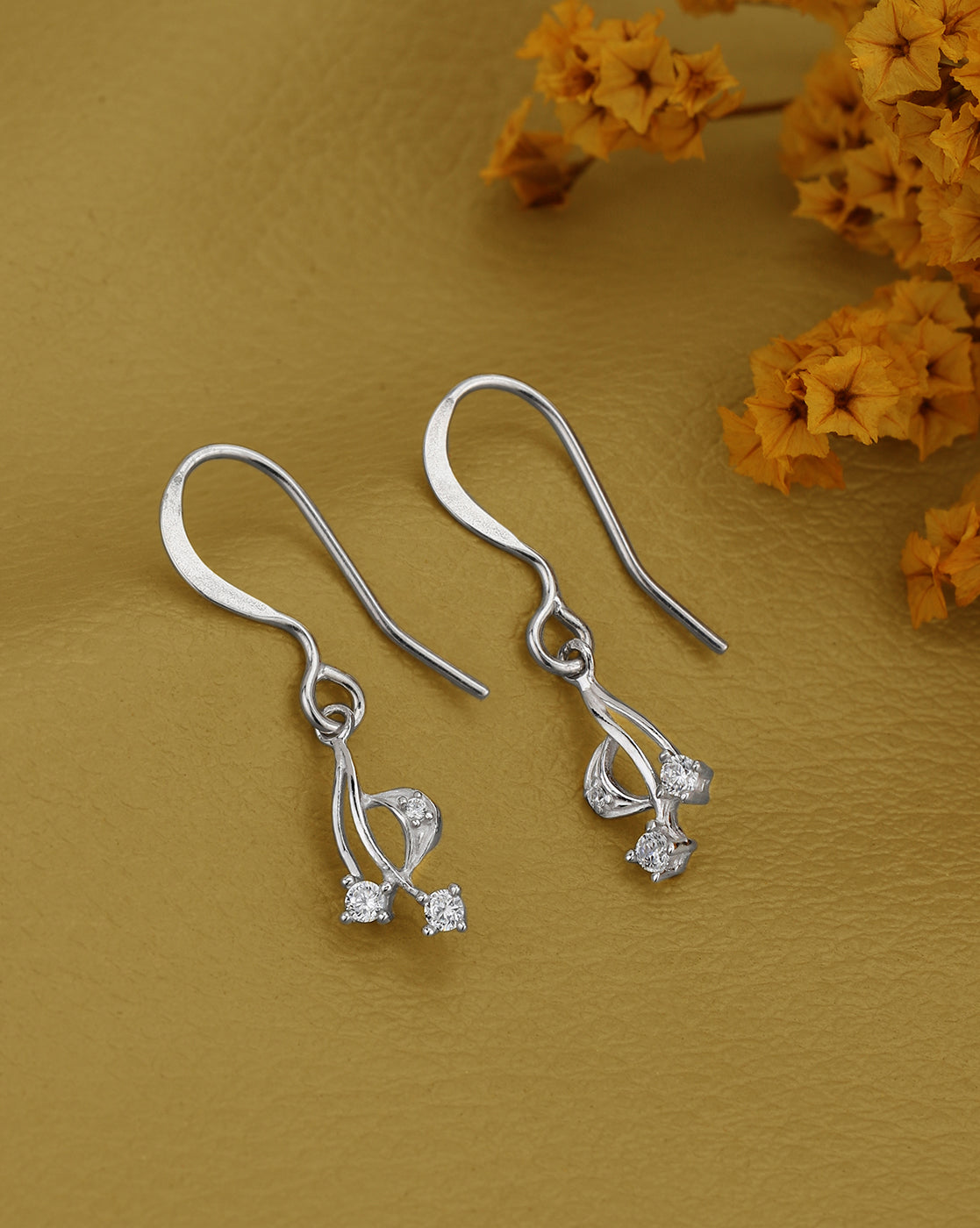 925 Sterling Silver Rhodium Plated CZ Contemporary Drop Earring