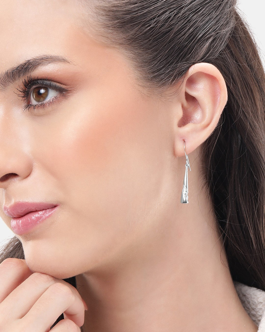 925 Sterling Silver Rhodium Plated CZ Contemporary Drop Earring