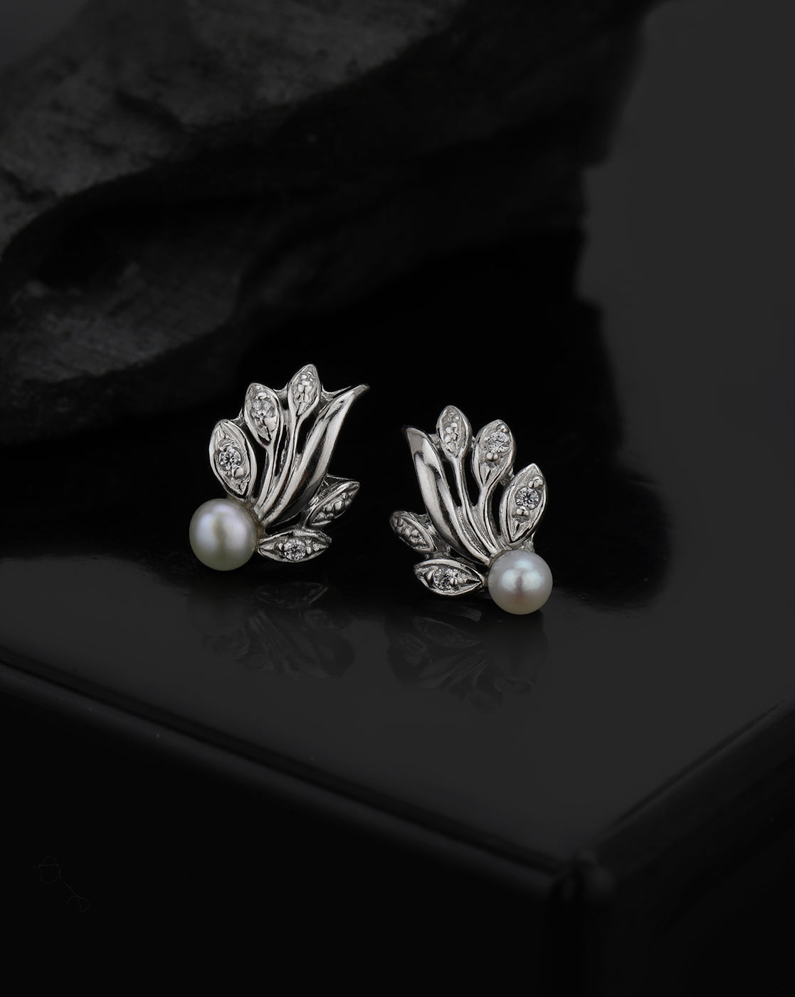 925 Sterling Silver Rhodium Plated CZ and Pearl Fancy Stud Earring
