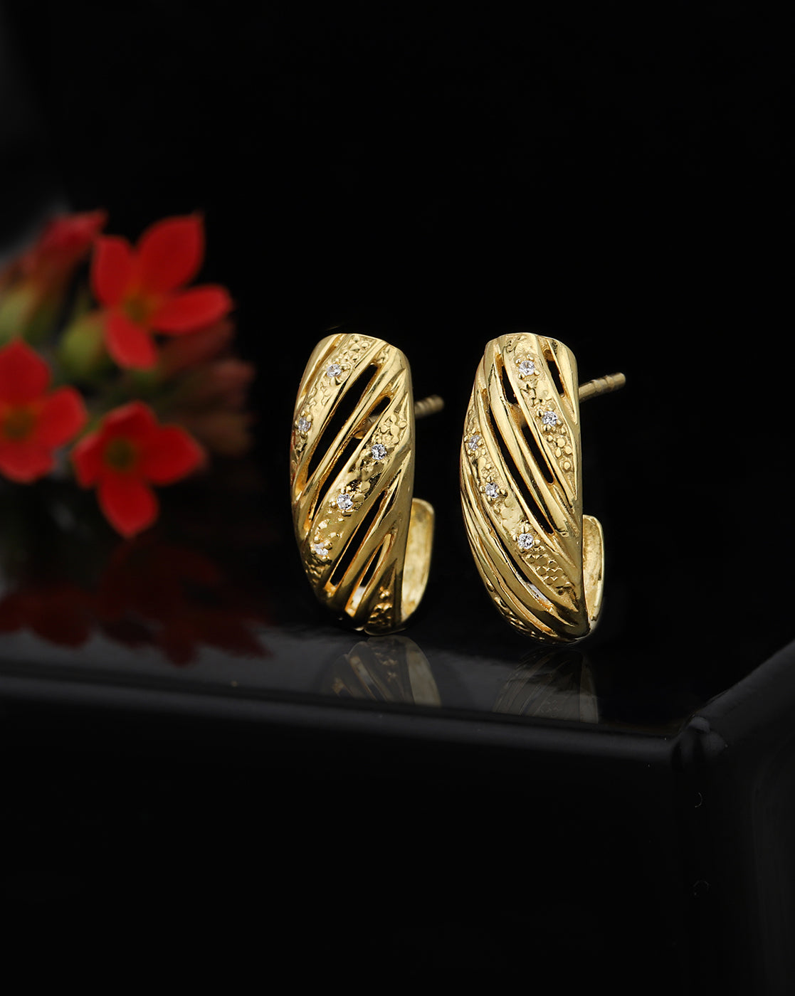 925 Sterling Silver 18kt Gold Plated CZ Contemporary Half Hoop Earring