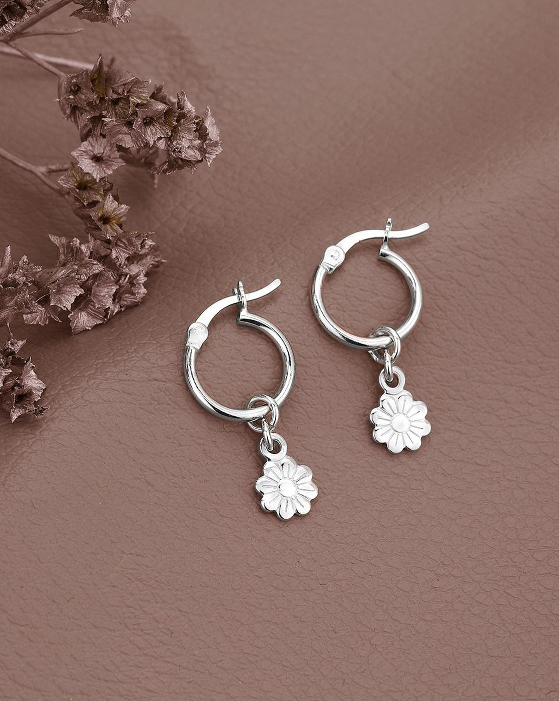 925 Sterling Silver Rhodium Plated Floral Hoop Earring