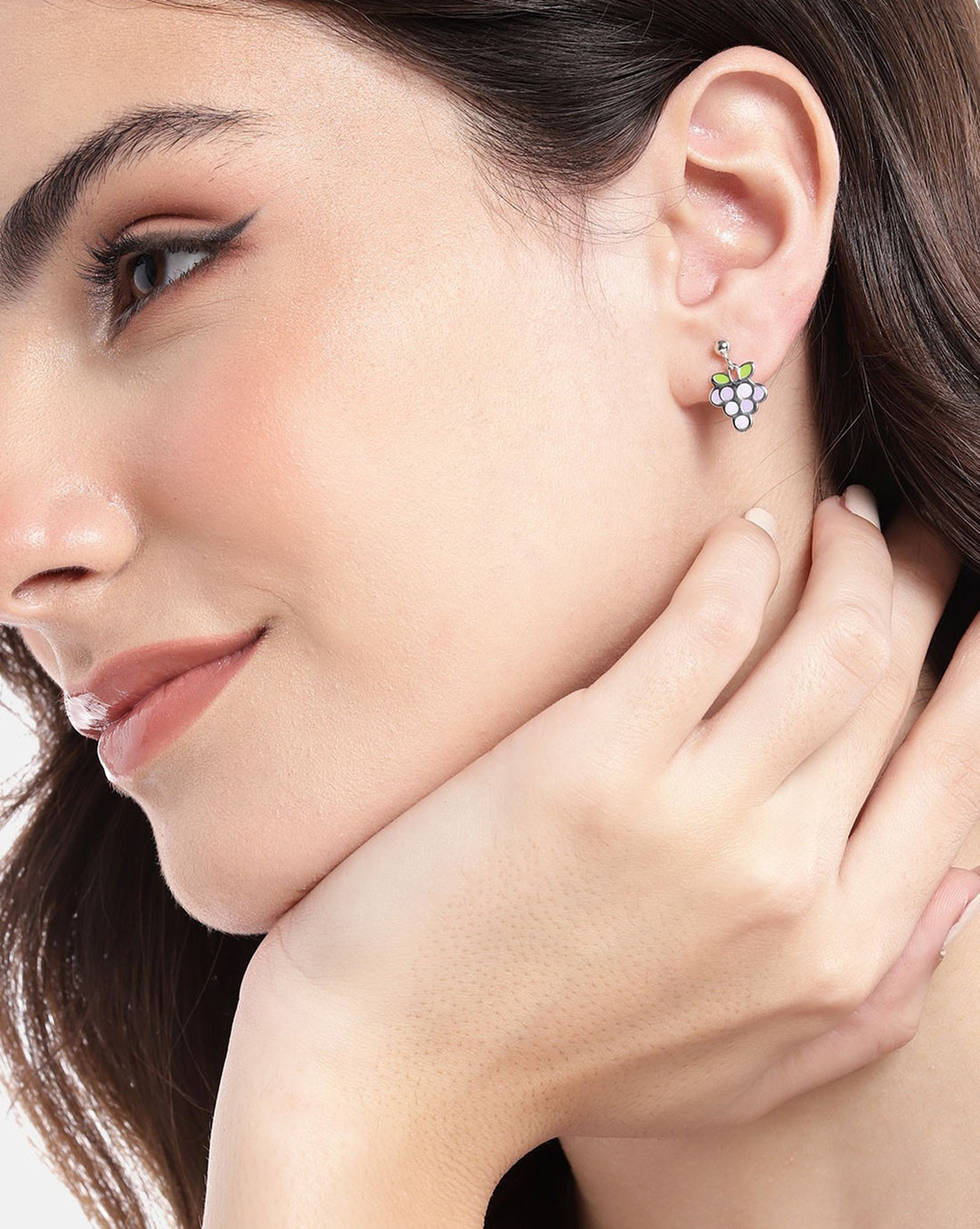 925 Sterling Silver Rhodium Plated with Green & Purple Enamel Grape Drop Earring