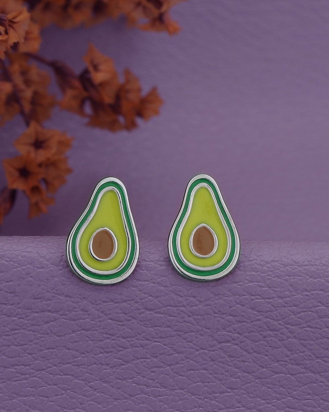 925 Sterling Silver Rhodium Plated with Enamel Avocado Stud Earring
