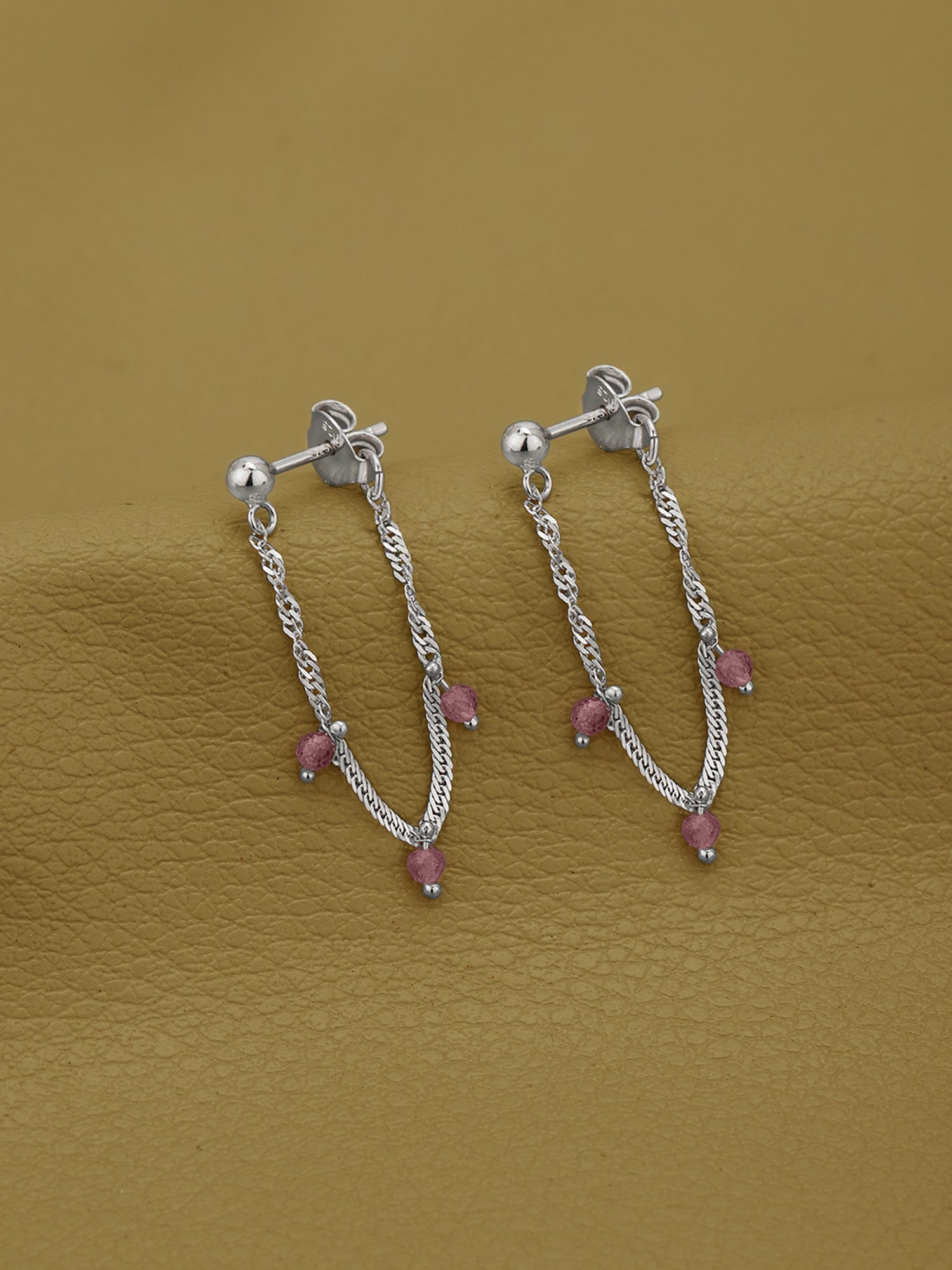 925 Sterling Silver Rhodium Plated Tourmaline Stud with Chain Earring