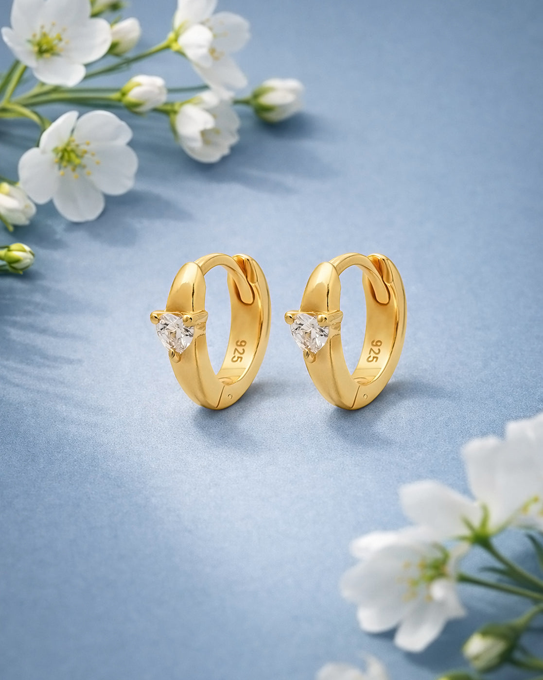 925 Sterling Silver 18kt Gold Plated CZ Heart Mini Circular Hoop Earring