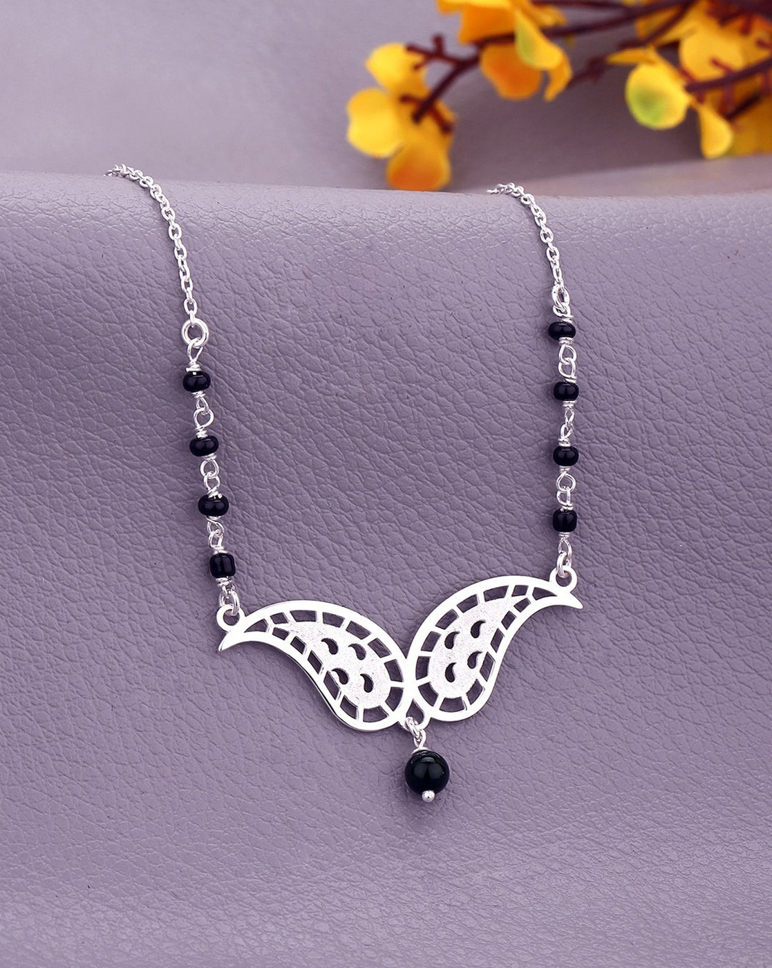 925 Sterling Silver Rhodium Plated with Glass Bead & Natural Onyx Stone Mangalsutra