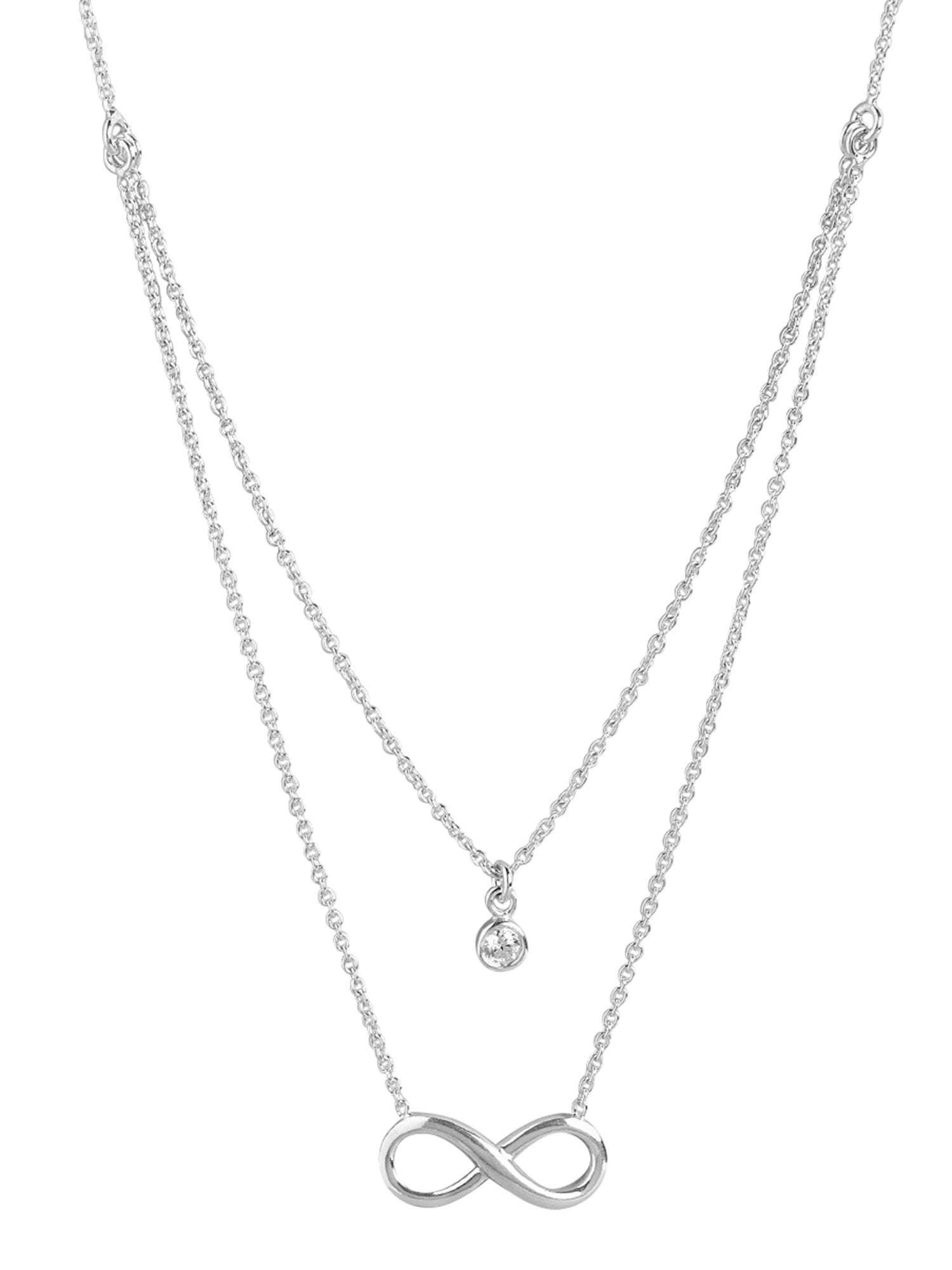 925 Sterling Silver Dangling Infinity & Solitaire With Rhodium Plated Double Chain Necklace