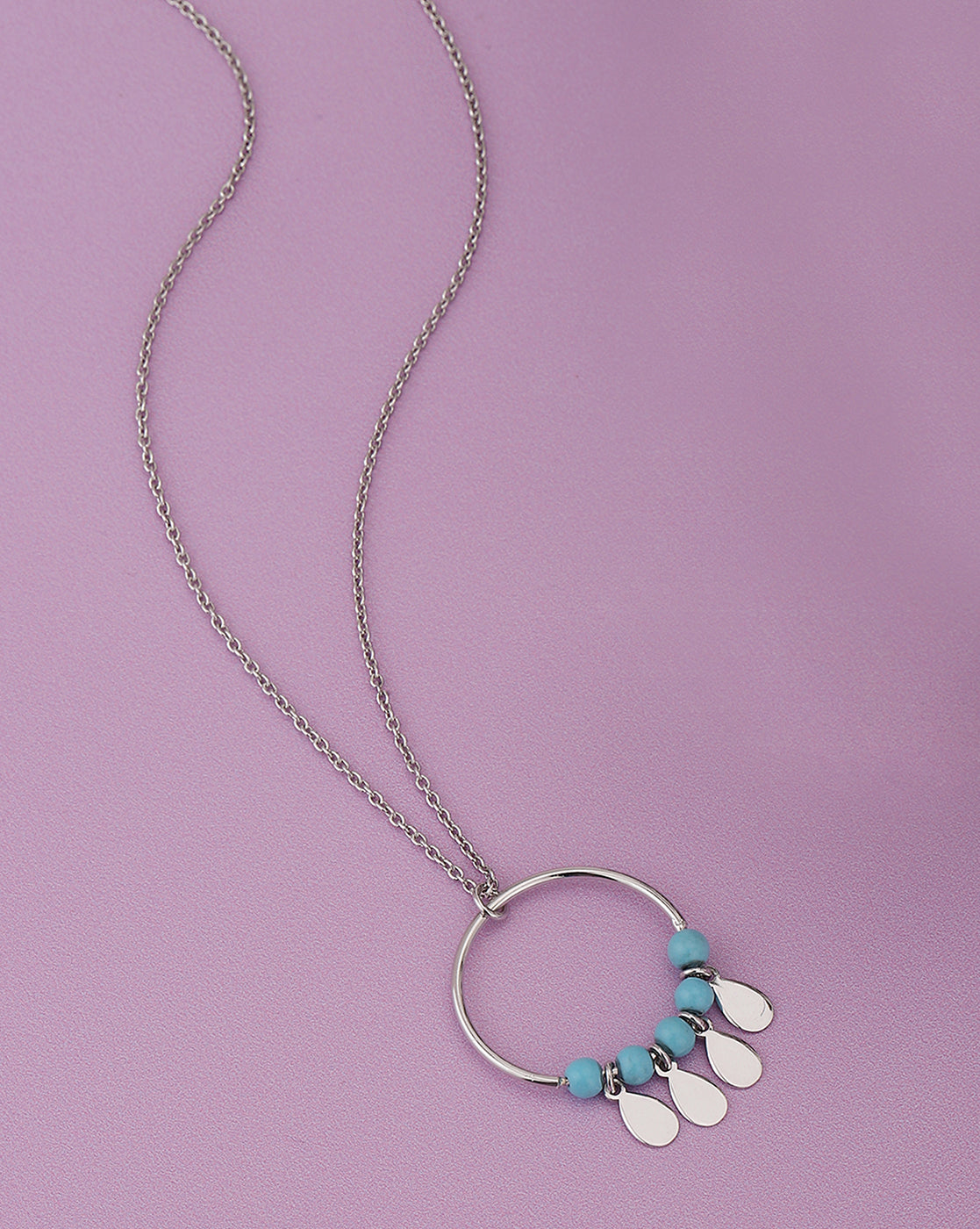 925 Sterling Silver Circle With Turquoise Bead And Dangling Drops Pendant With Chain & Rhodium Plating