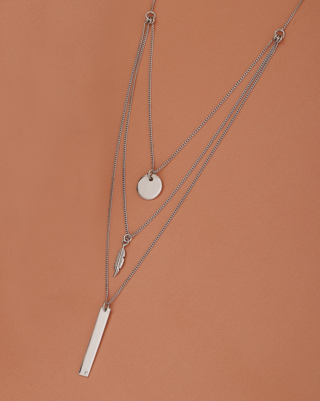 925 Sterling Silver Dangling Bar & Leaf With Rhodium Plated Layered Necklace
