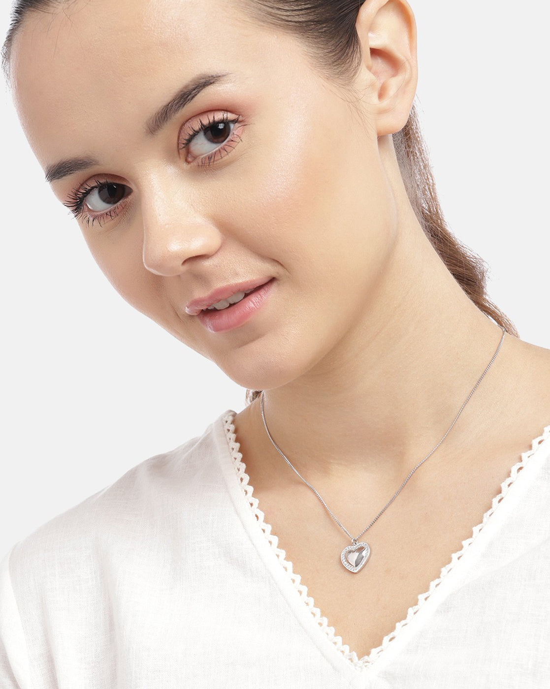 925 Sterling Silver Rhodium Plated with CZ Heart Pendant with Chain for women