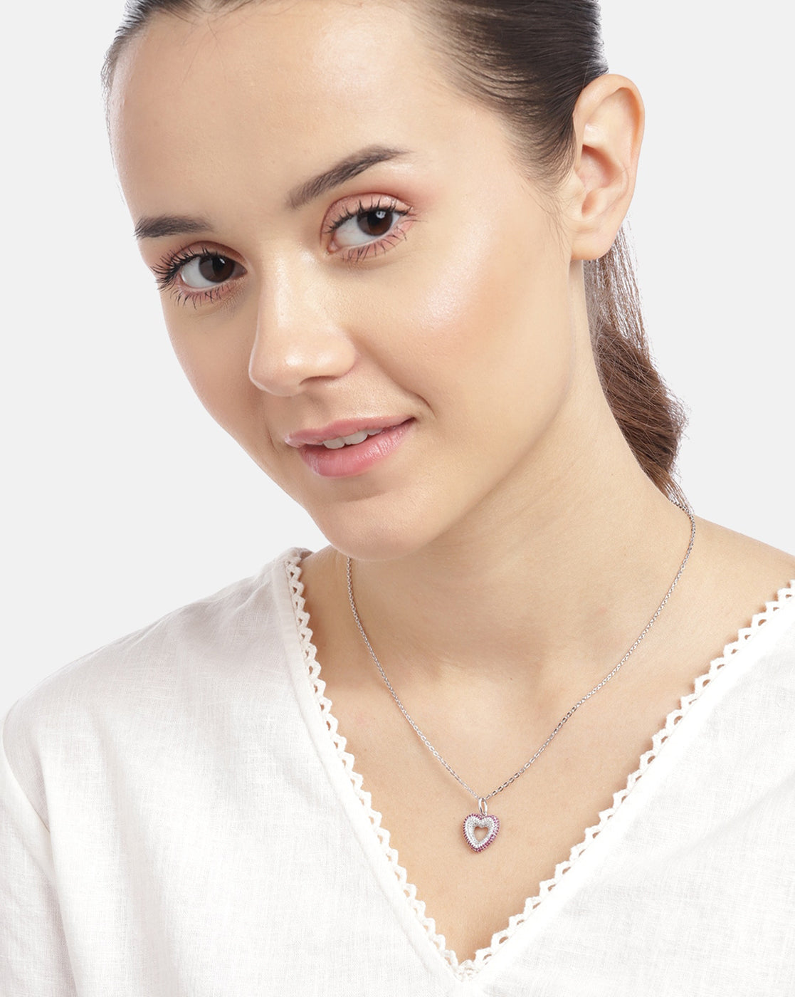 925 Sterling Silver Rhodium Plated with CZ Heart Pendant with chain for women