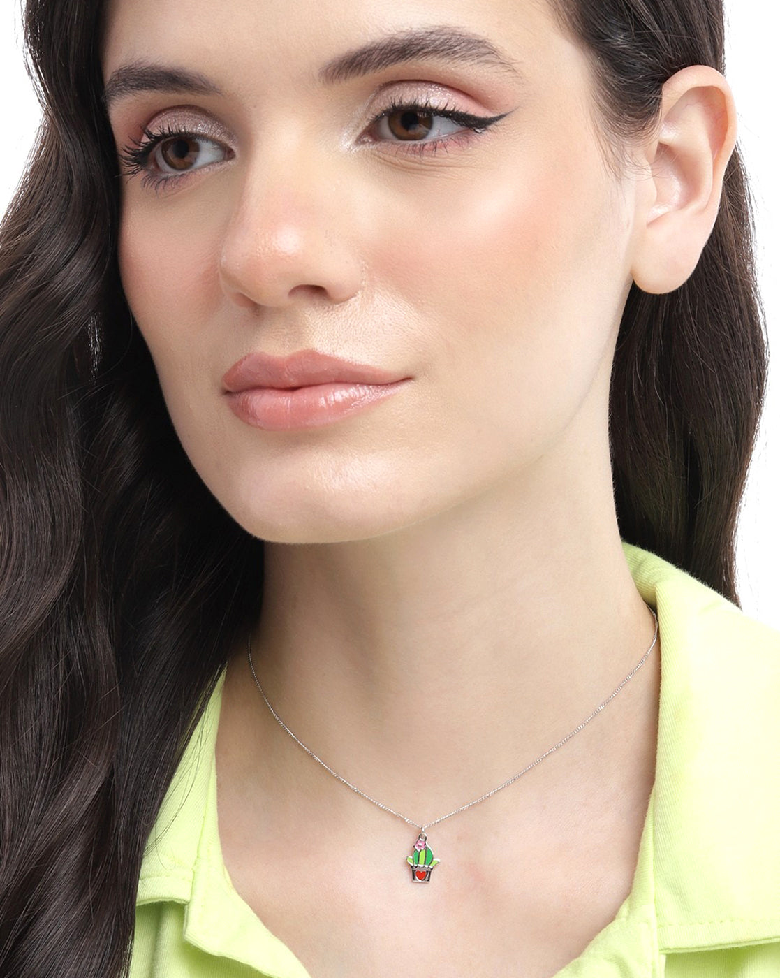925 Sterling Silver Rhodium Plated Enamel Cactus in a Pot Necklace