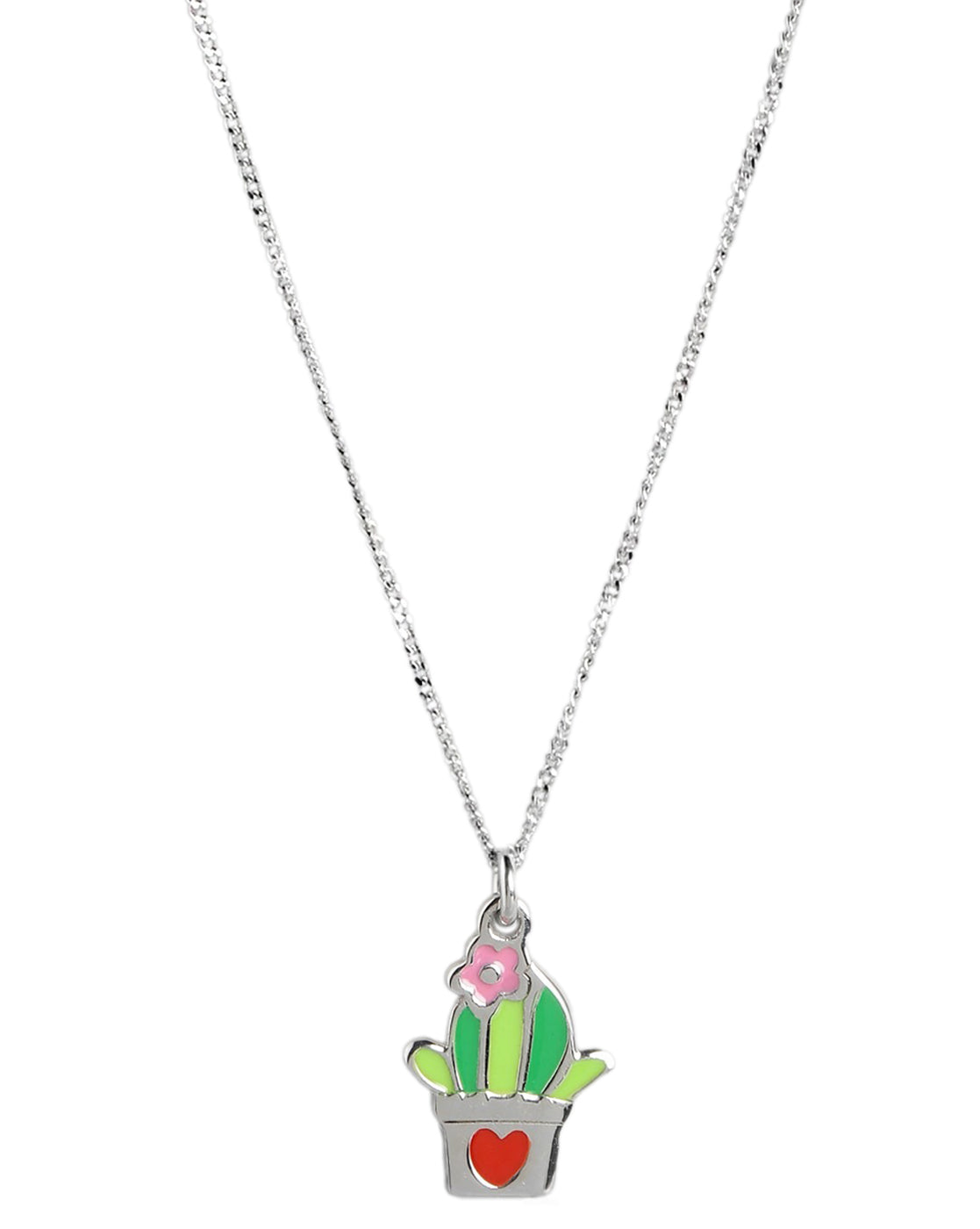 925 Sterling Silver Rhodium Plated Enamel Cactus in a Pot Necklace