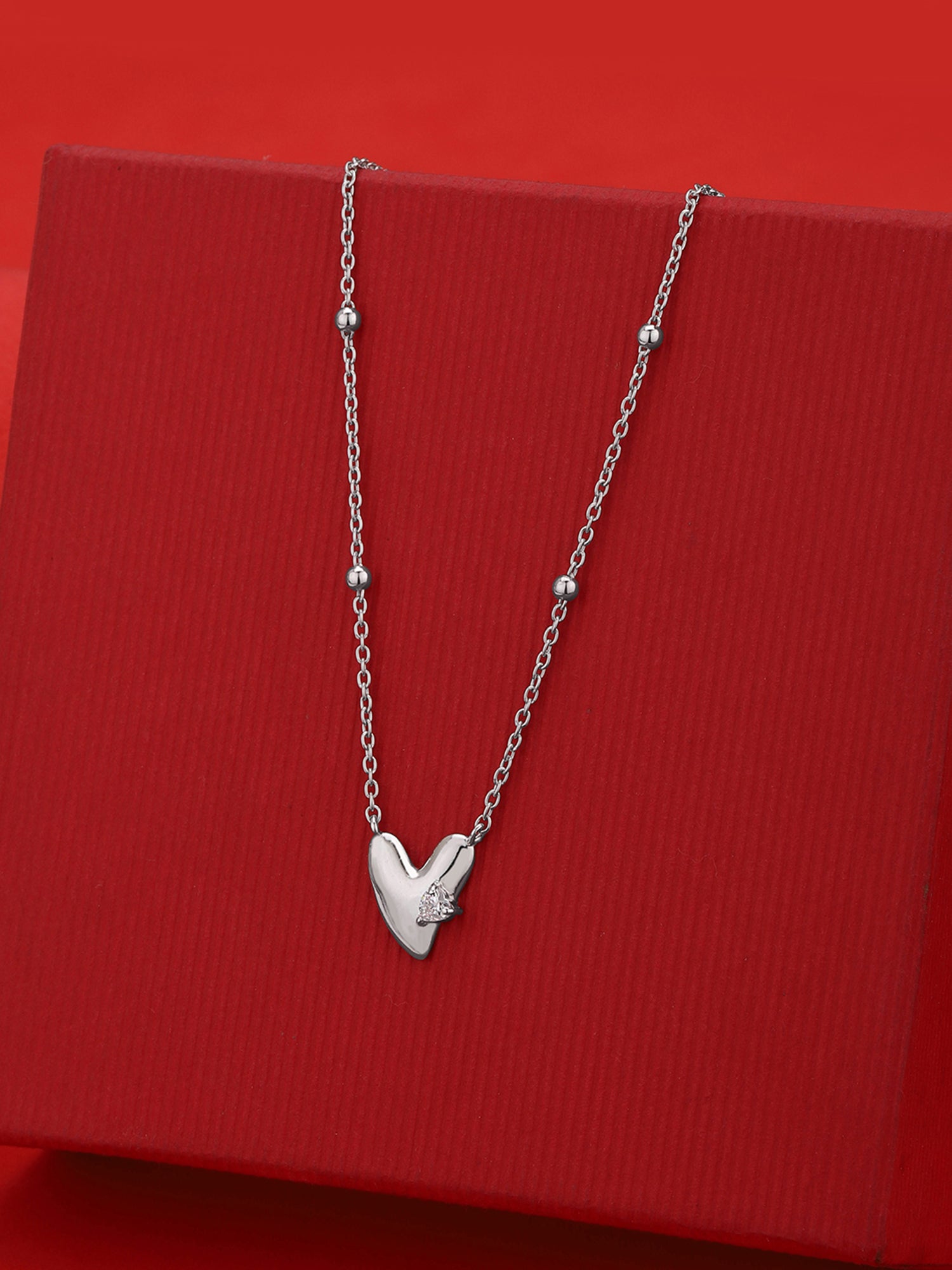 925 Sterling Silver Rhodium Plated CZ Heart Necklace