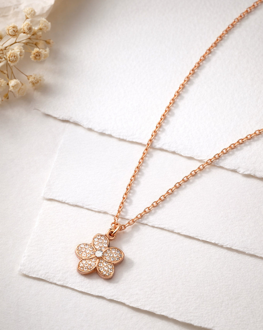 925 Sterling Silver 18kt Rose Gold Plated CZ Floral Penand and Chain
