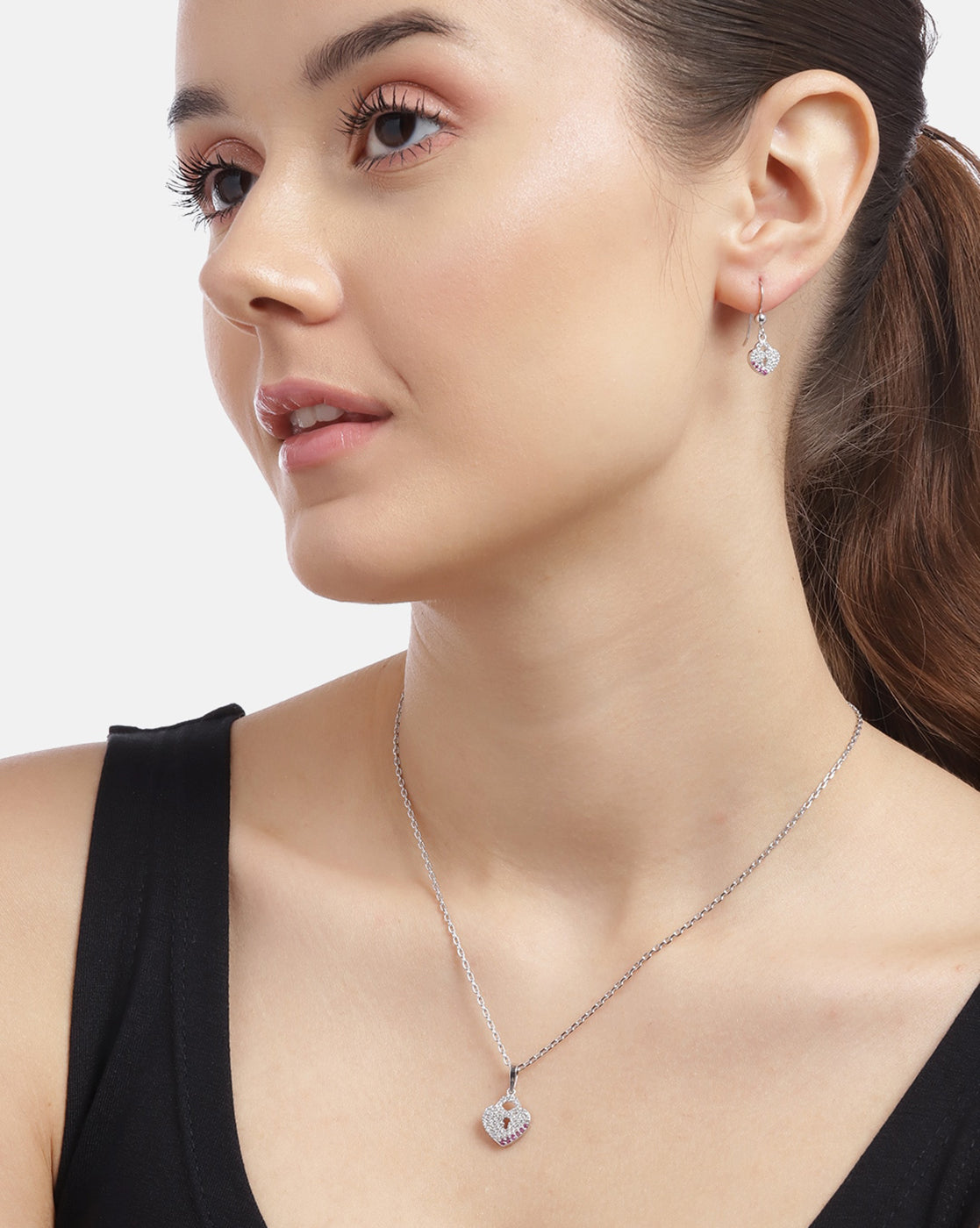 925 Sterling Silver Rhodium Plated with CZ Heart Necklace and Earring for women