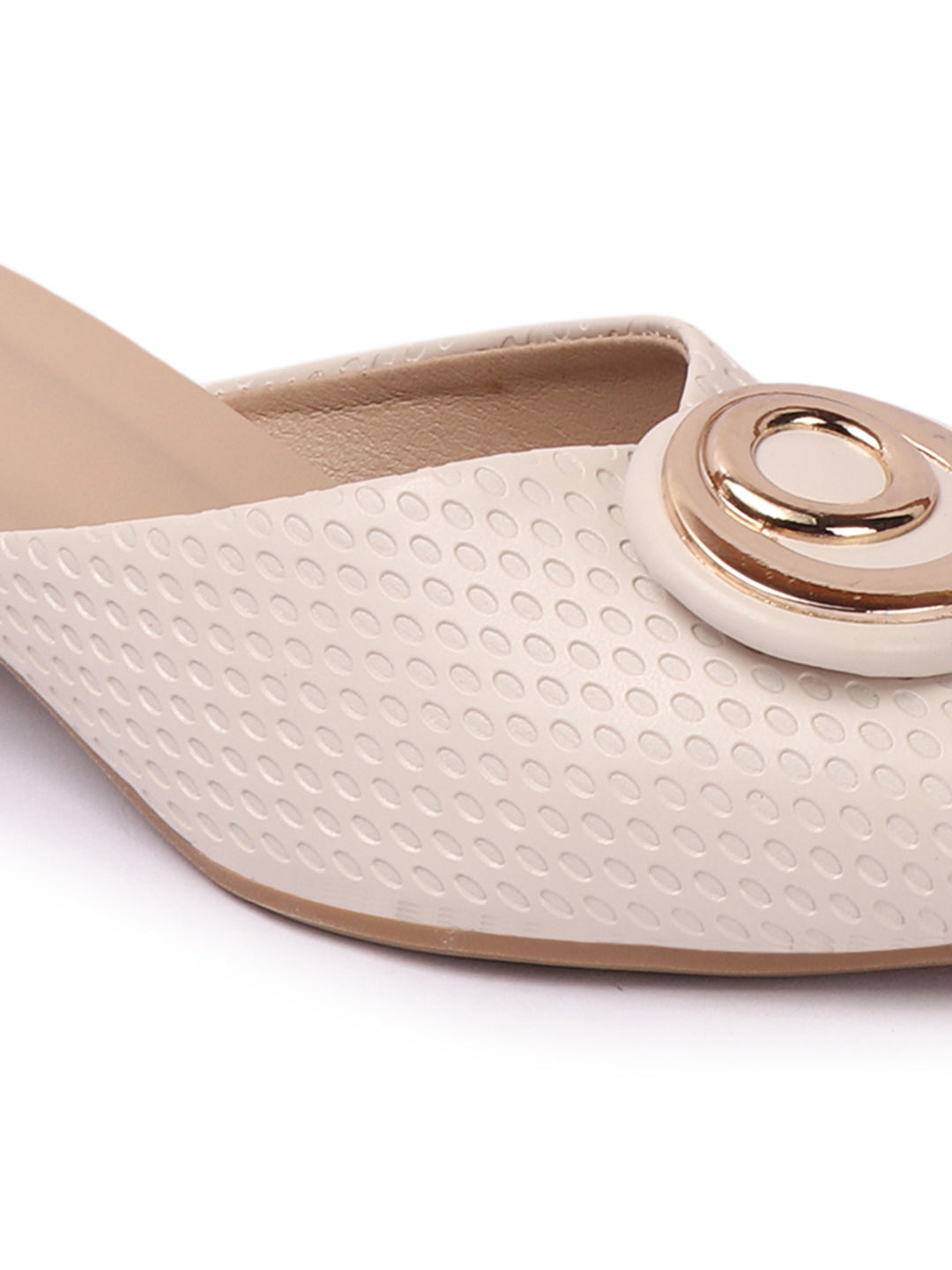Elegant Textured Mules with Unique Gold Buckle and Block Heel