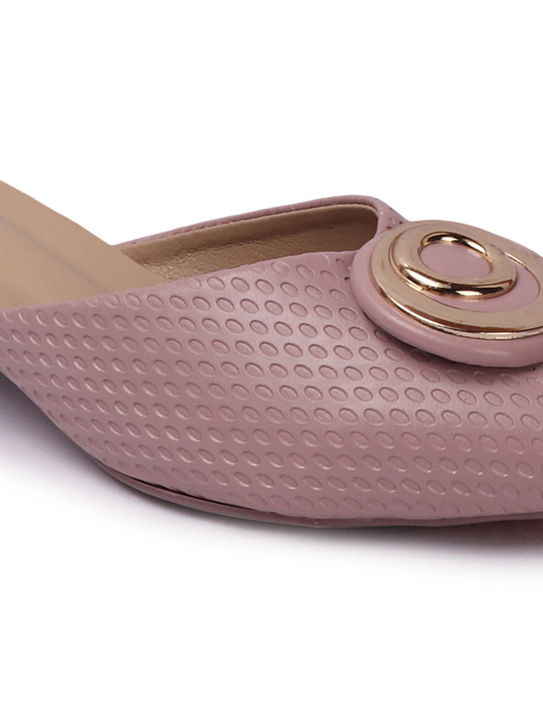 Elegant Textured Mules with Unique Gold Buckle and Block Heel