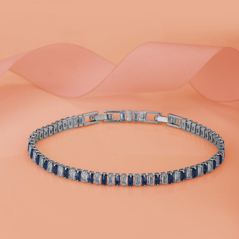 Carlton London Premium Jwlry-Silver & Blue Toned Cz Studded Rhodium-Plated Wraparound Adjustable Bracelet Fjb4176