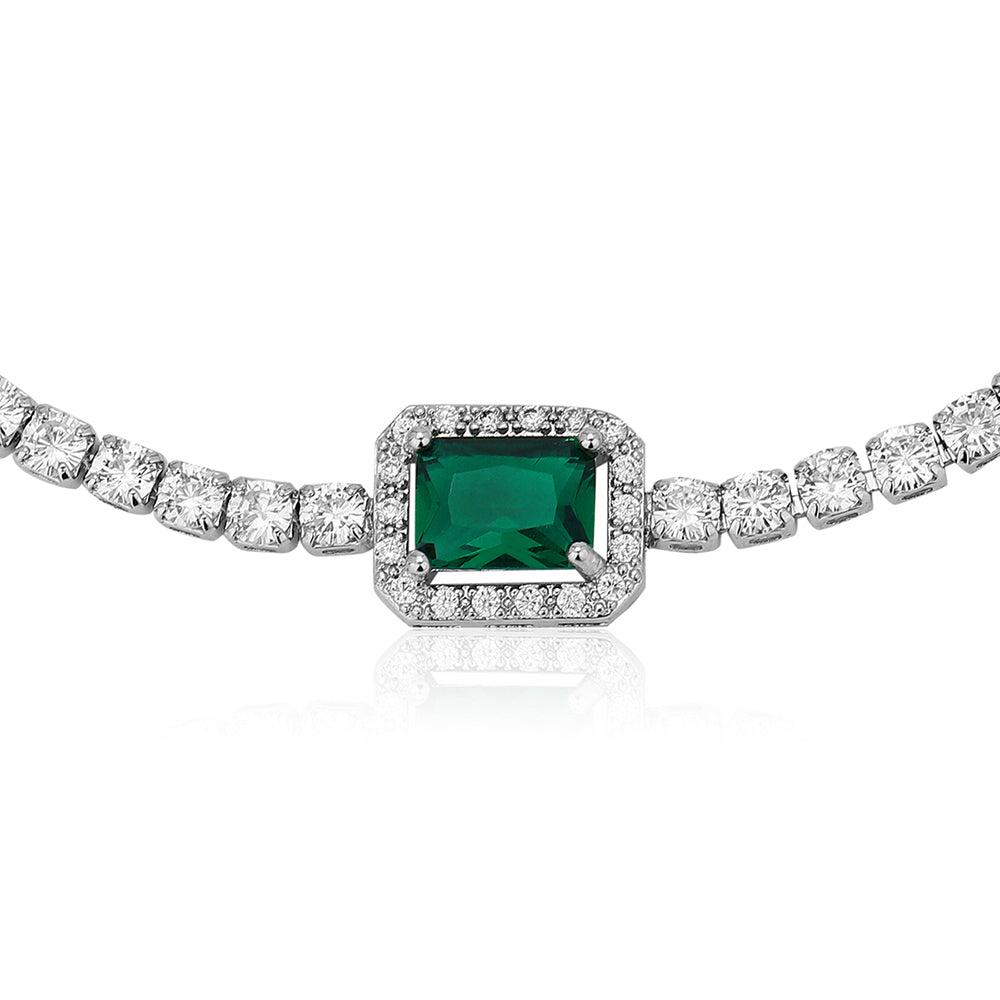 Carlton London Premium Jwlry-Silver & Green Toned Cz Studded Rhodium-Plated Wraparound Adjustable Bracelet Fjb4177