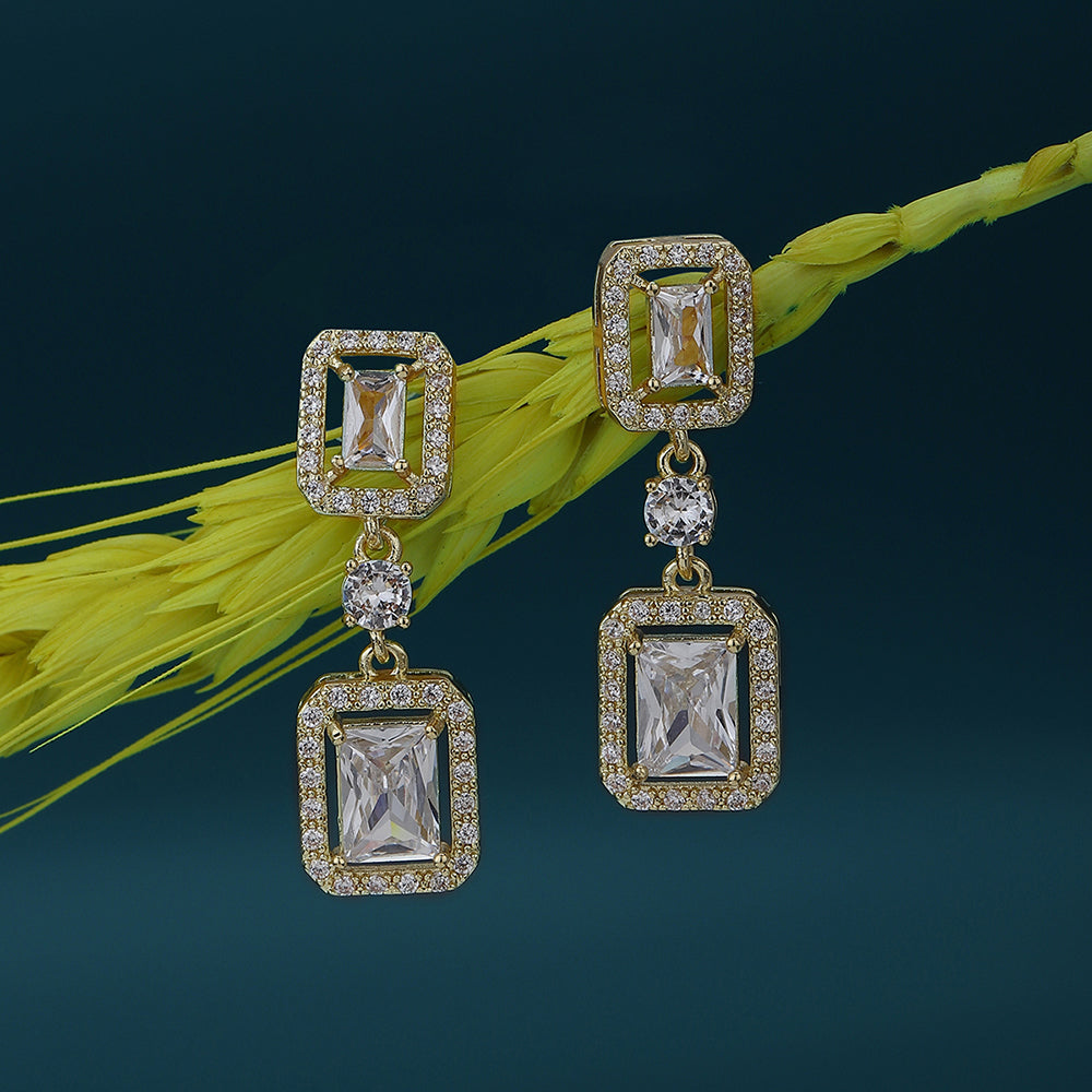 Carlton London Premium Jwlry-Gold Toned Cz Studded Gold-Plated Square Handcrafted Drop Earrings Fje4114