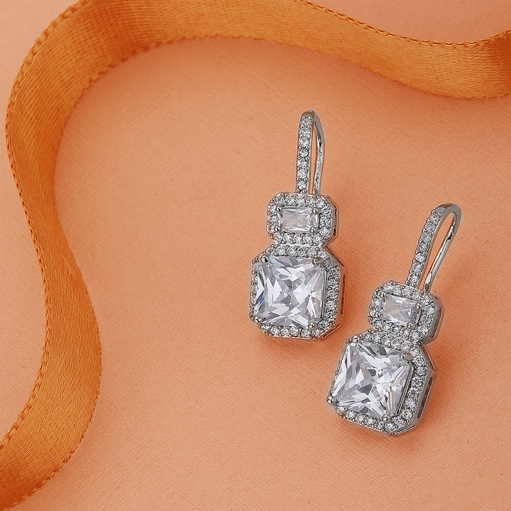 Carlton London Premium Jwlry-Silver Toned Cz Studded Rhodium-Plated Square Handcrafted Drop Earrings Fje4116